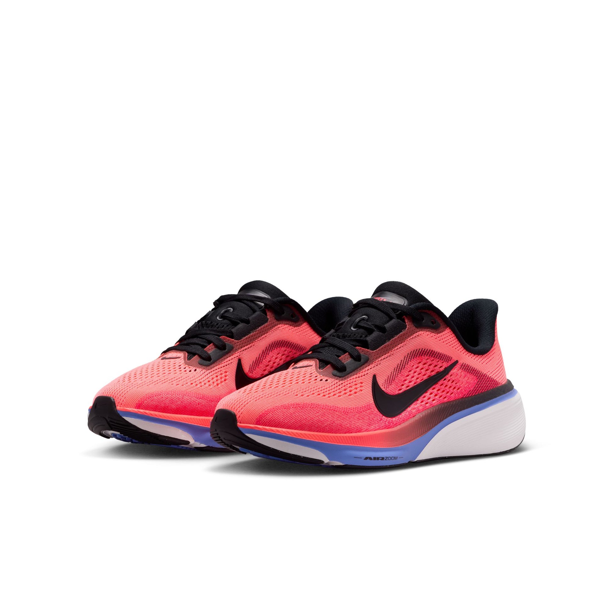 Pair of red running shoes with black accents on a white background