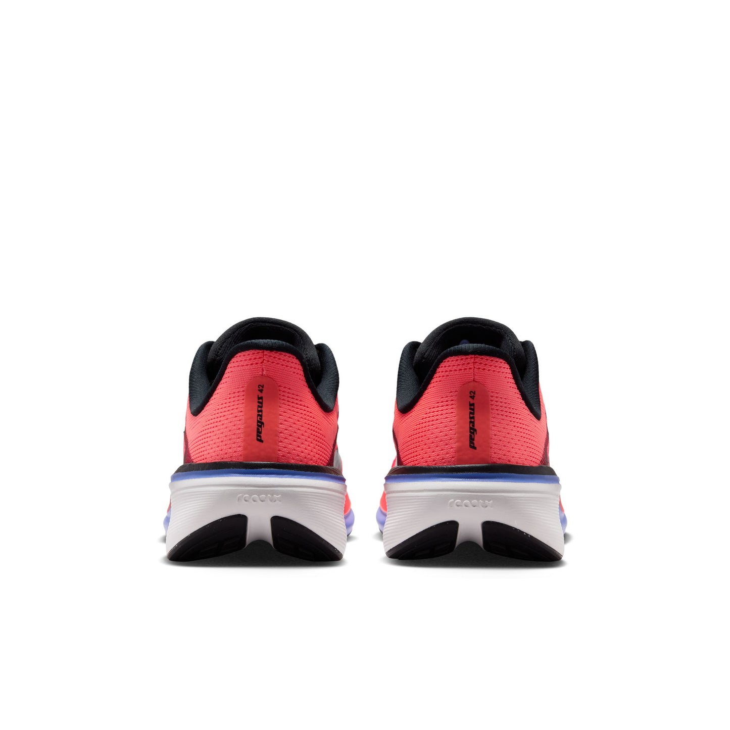 Red running shoes with black and blue accents on a white background