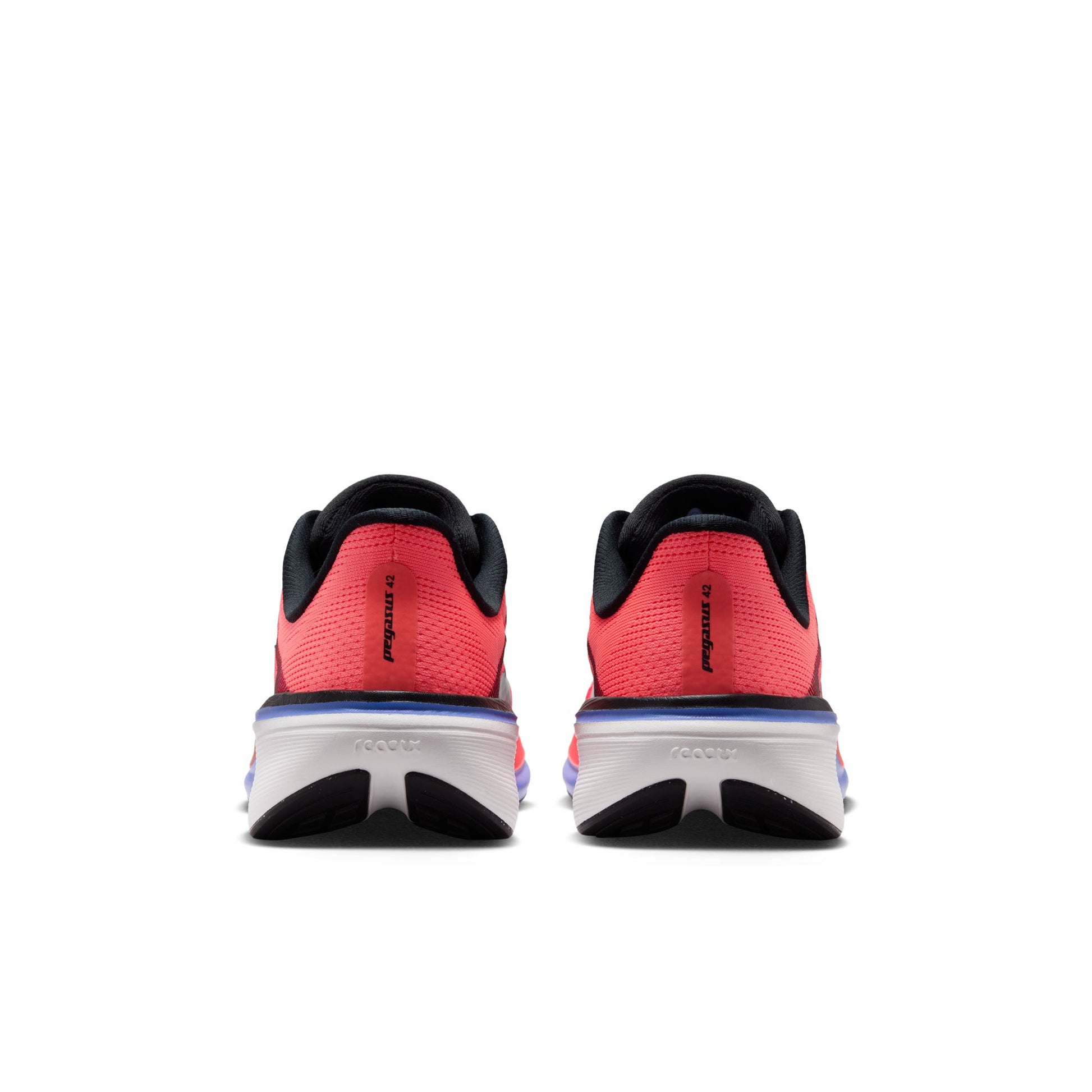 Red running shoes with black and blue accents on a white background