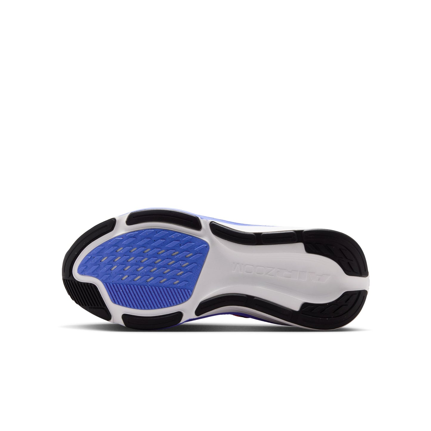Sole of a shoe with blue and black design on a white background