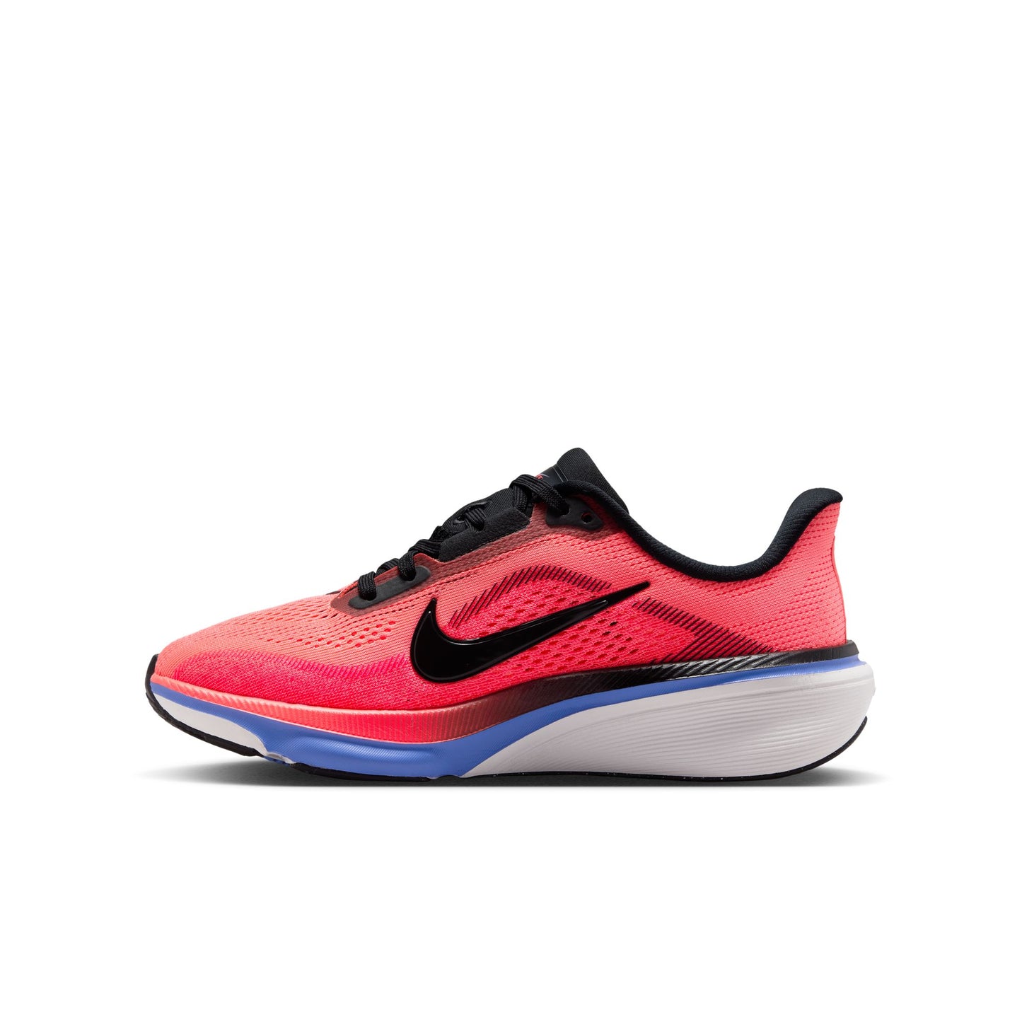 Pink running shoe with black swoosh logo on a white background