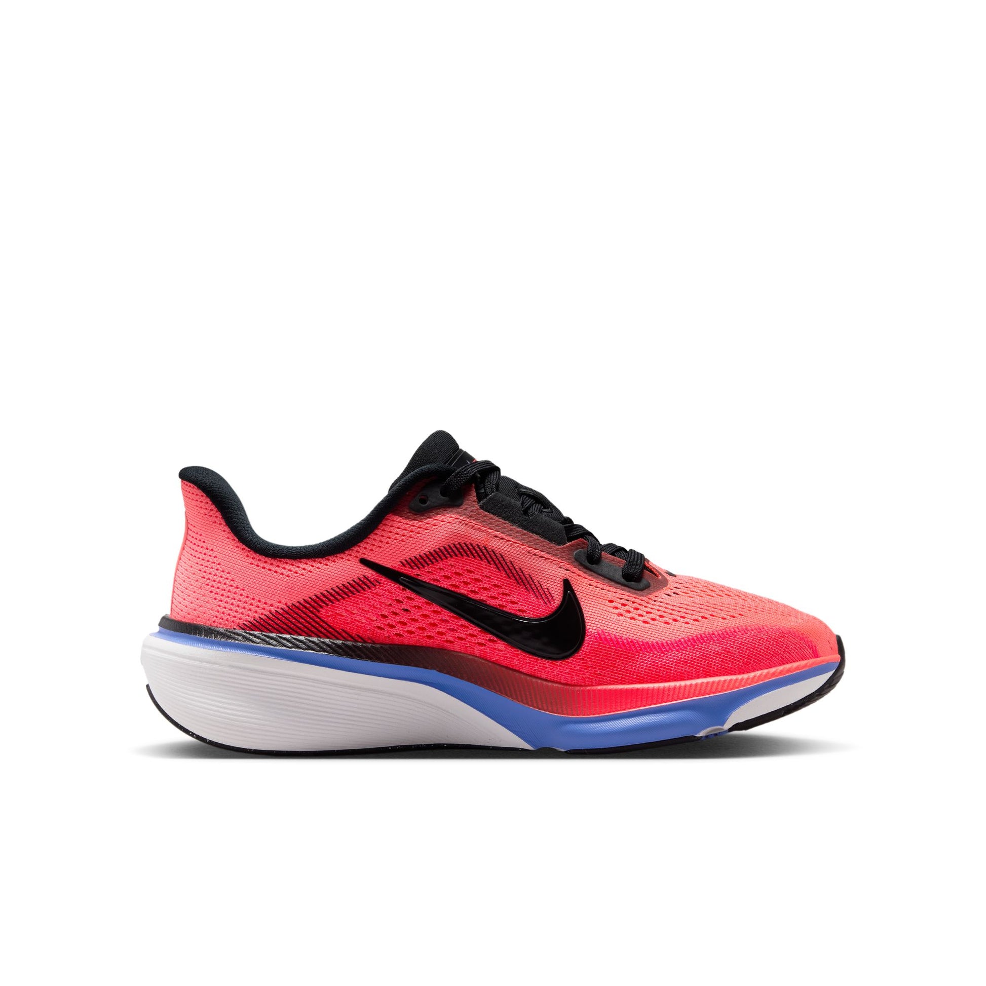 Red running shoe with black and blue accents on a white background