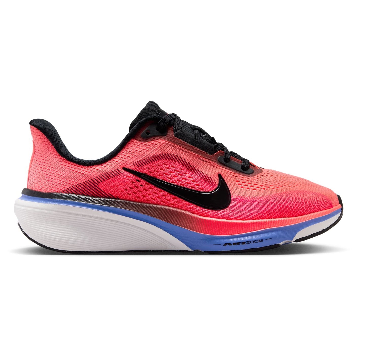 Pink running shoe with black accents on a white background