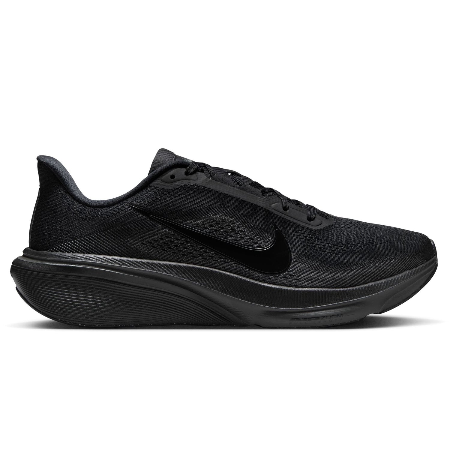 Black Nike running shoe on a white background