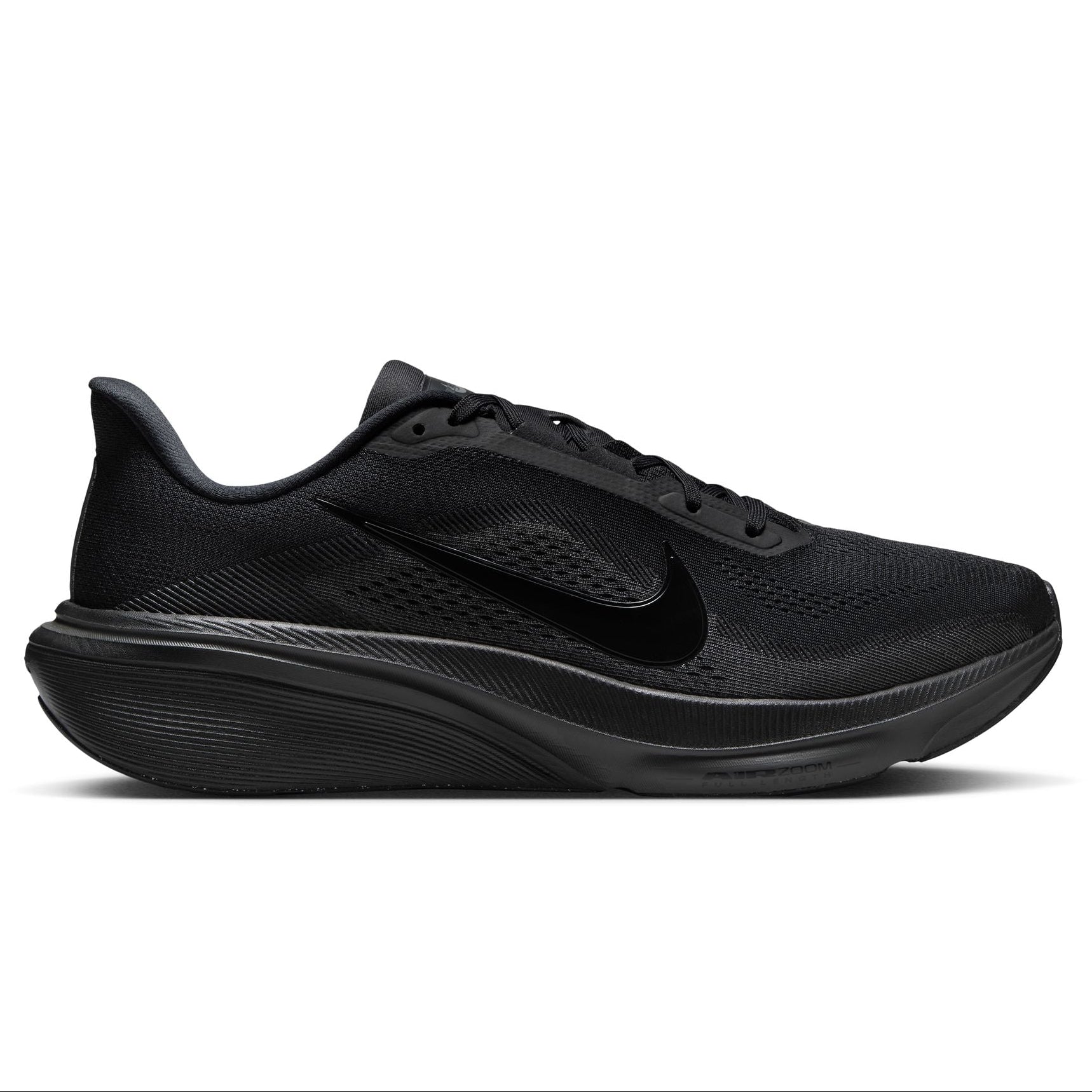 Black Nike running shoe on a white background