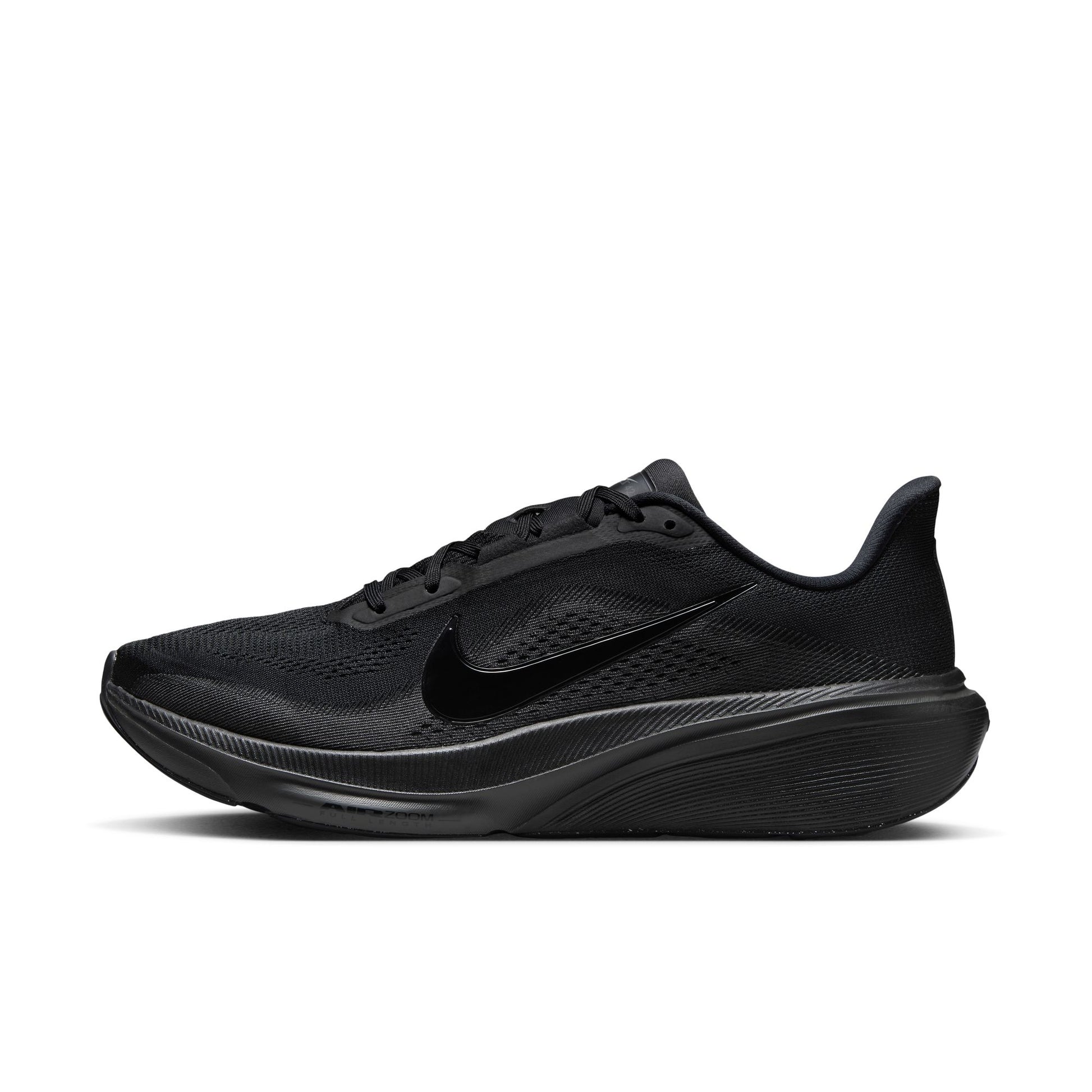 Black running shoe on a white background