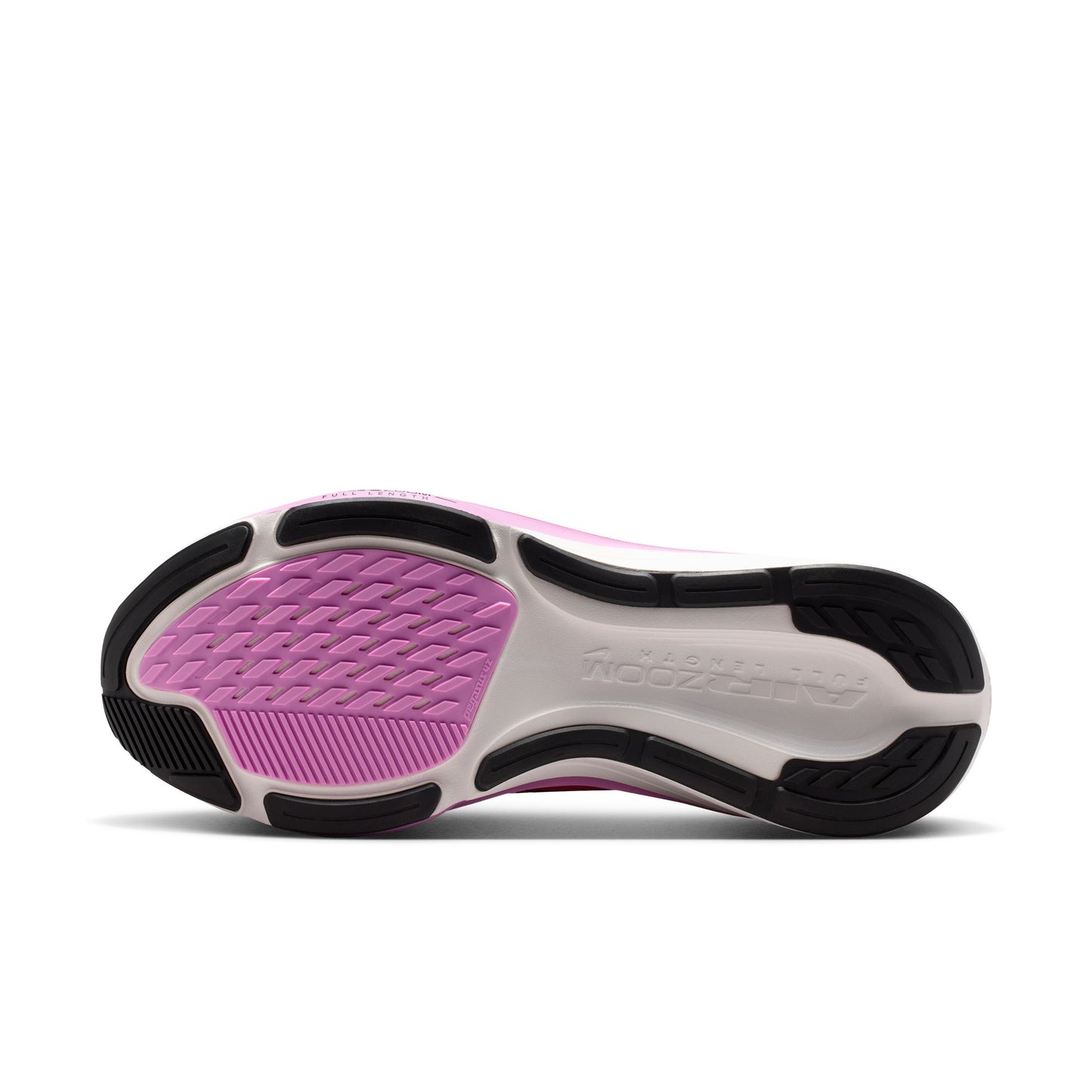 Close-up of a shoe sole with pink and black design on a white background