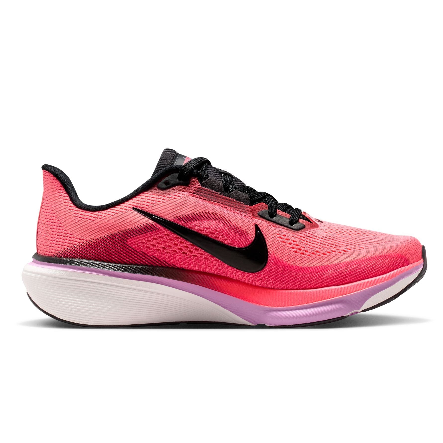 Pink running shoe with black Nike logo on a white background