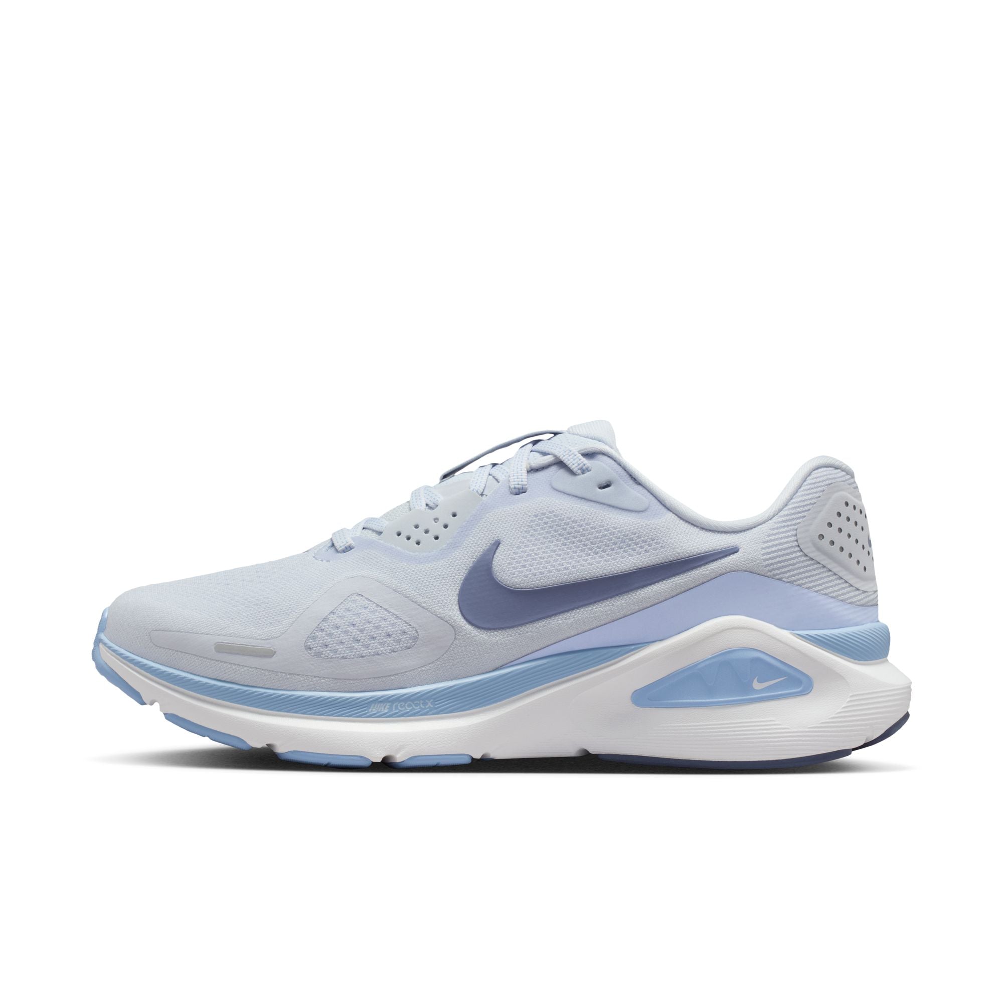 White running shoe with blue accents on a white background