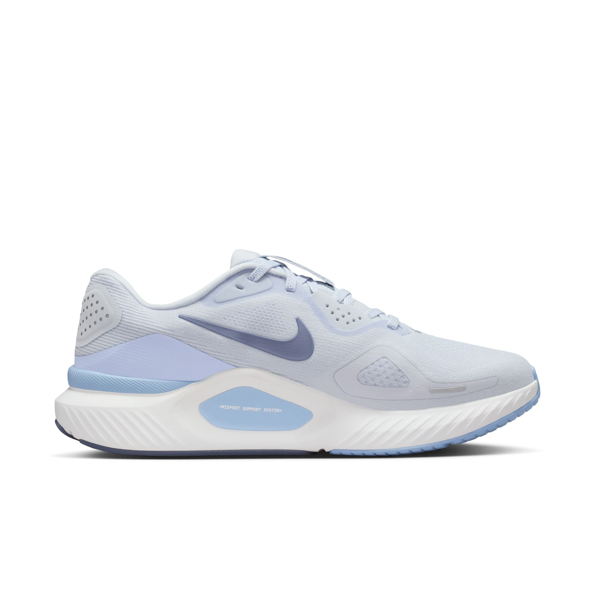White running shoe with blue accents on a white background