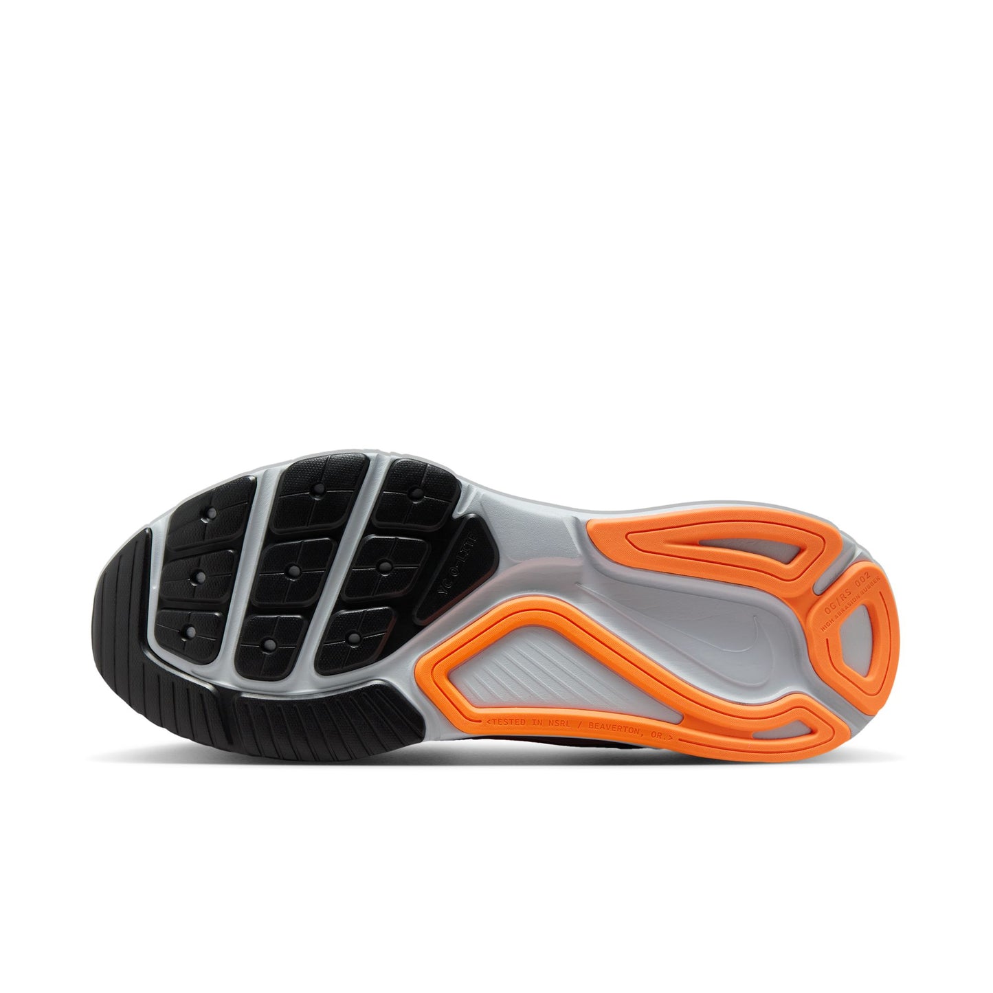 Close-up of a shoe sole with orange and black design on a white background