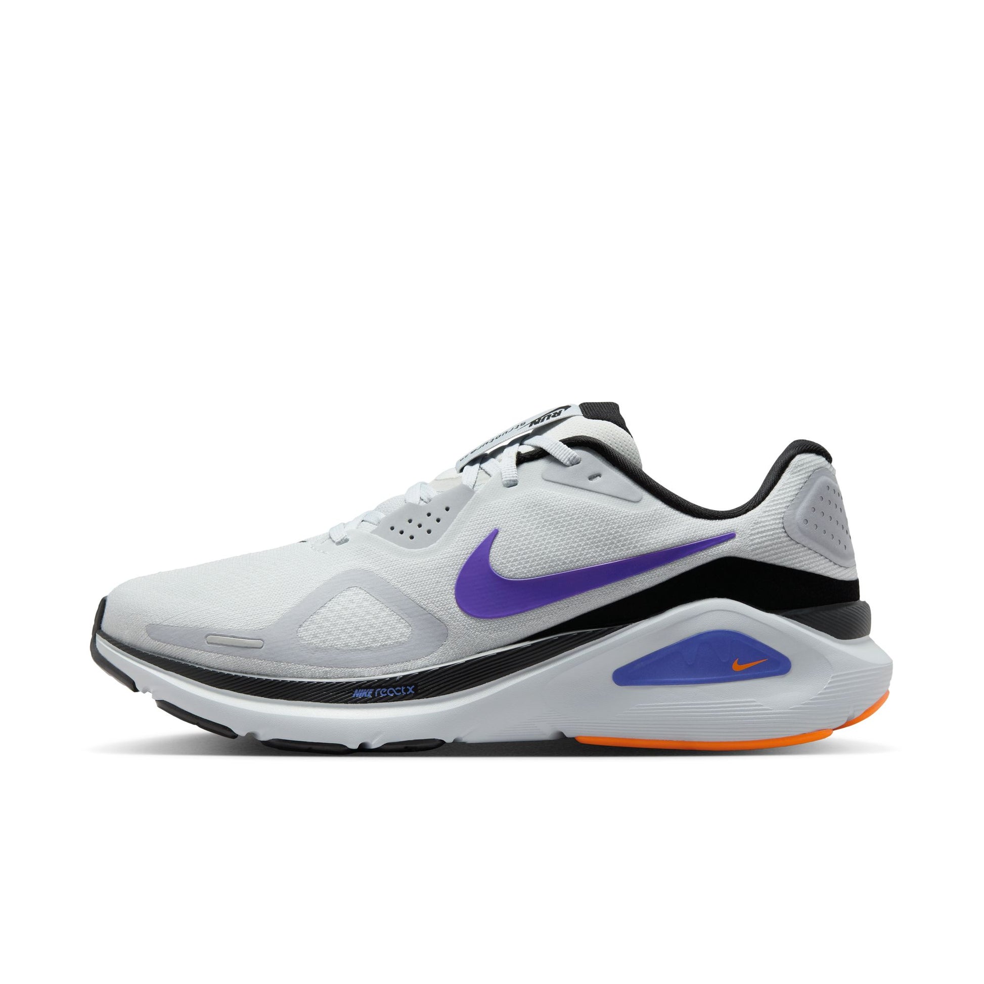 White running shoe with purple swoosh logo on a white background