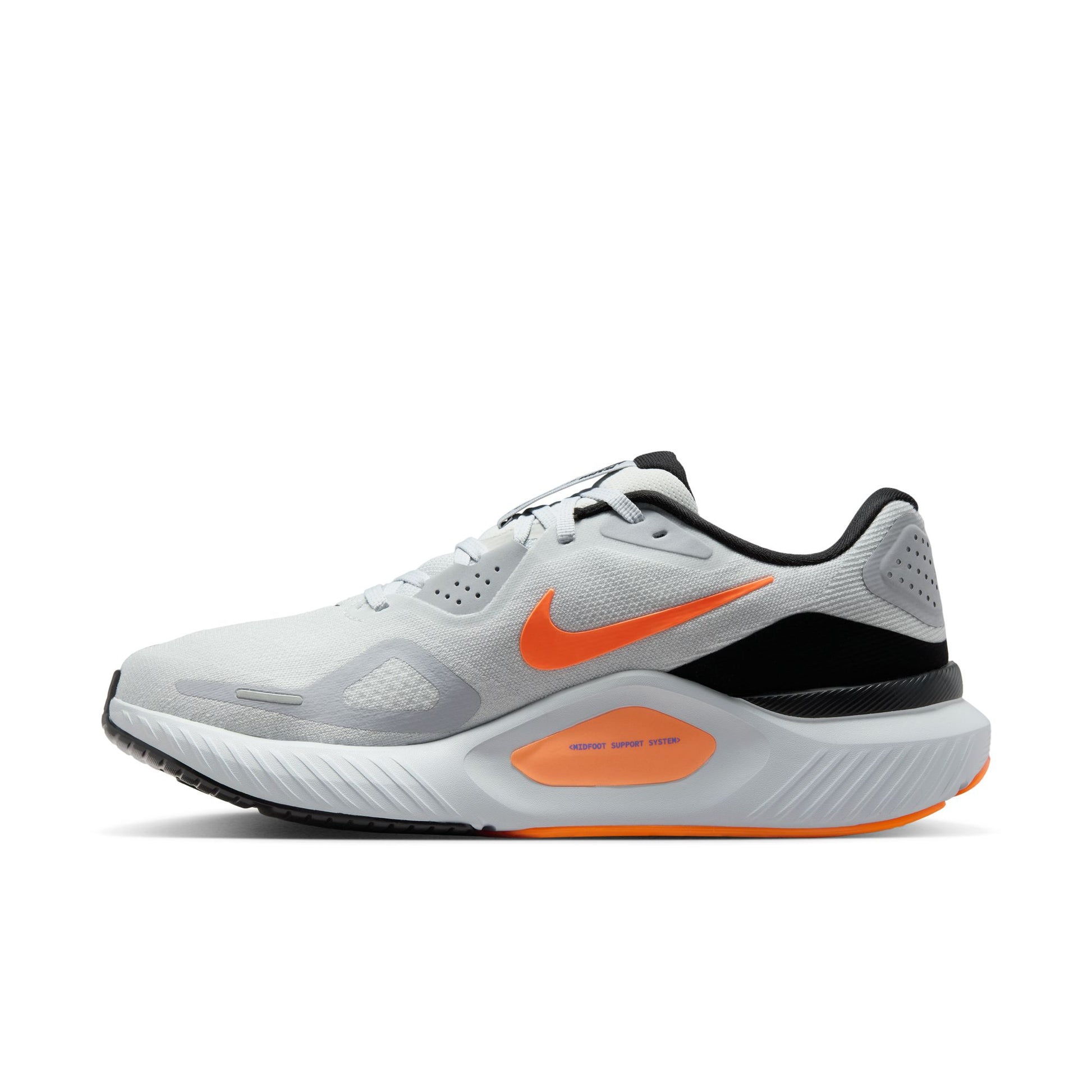 Gray running shoe with orange accents on a white background