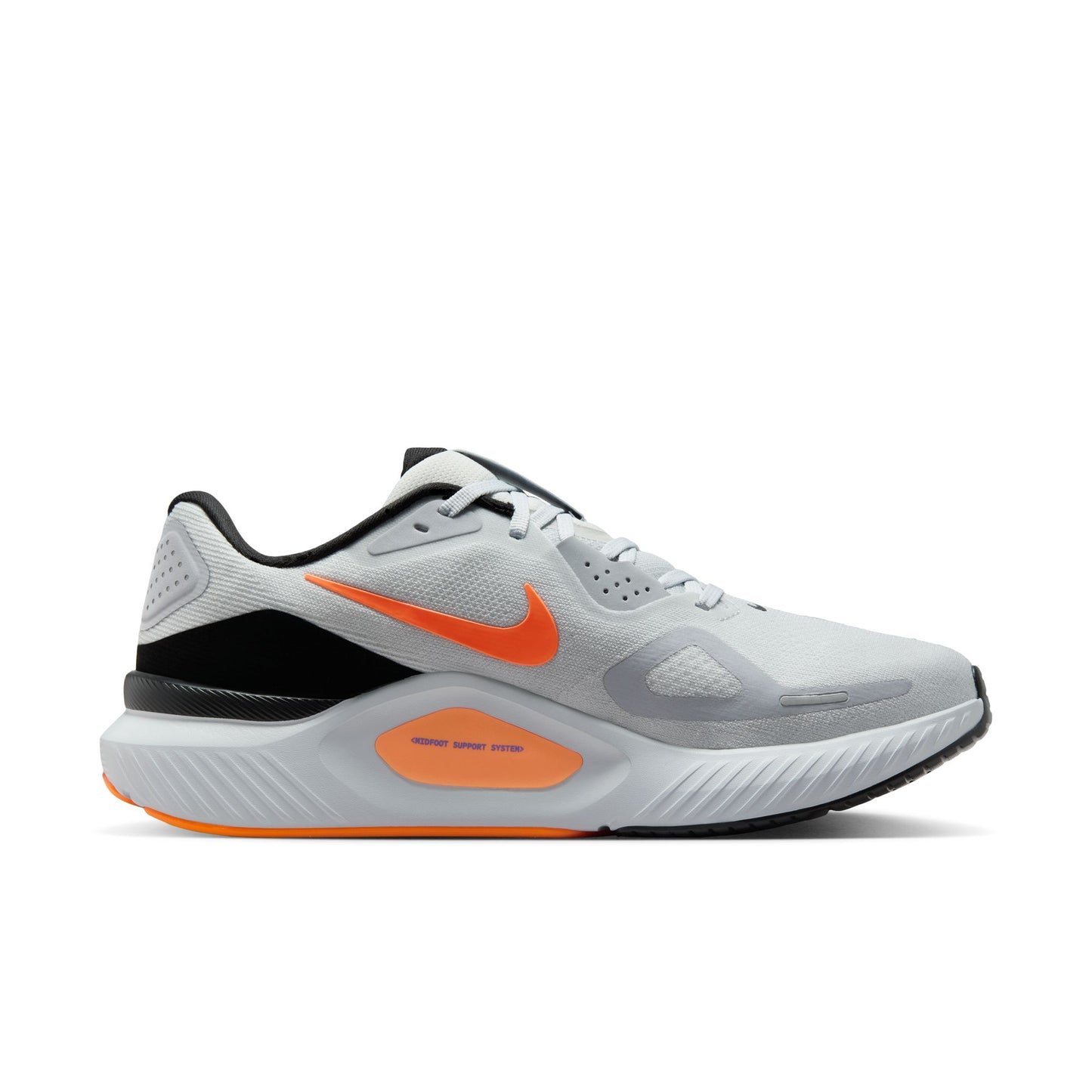 Gray running shoe with orange accents on a white background