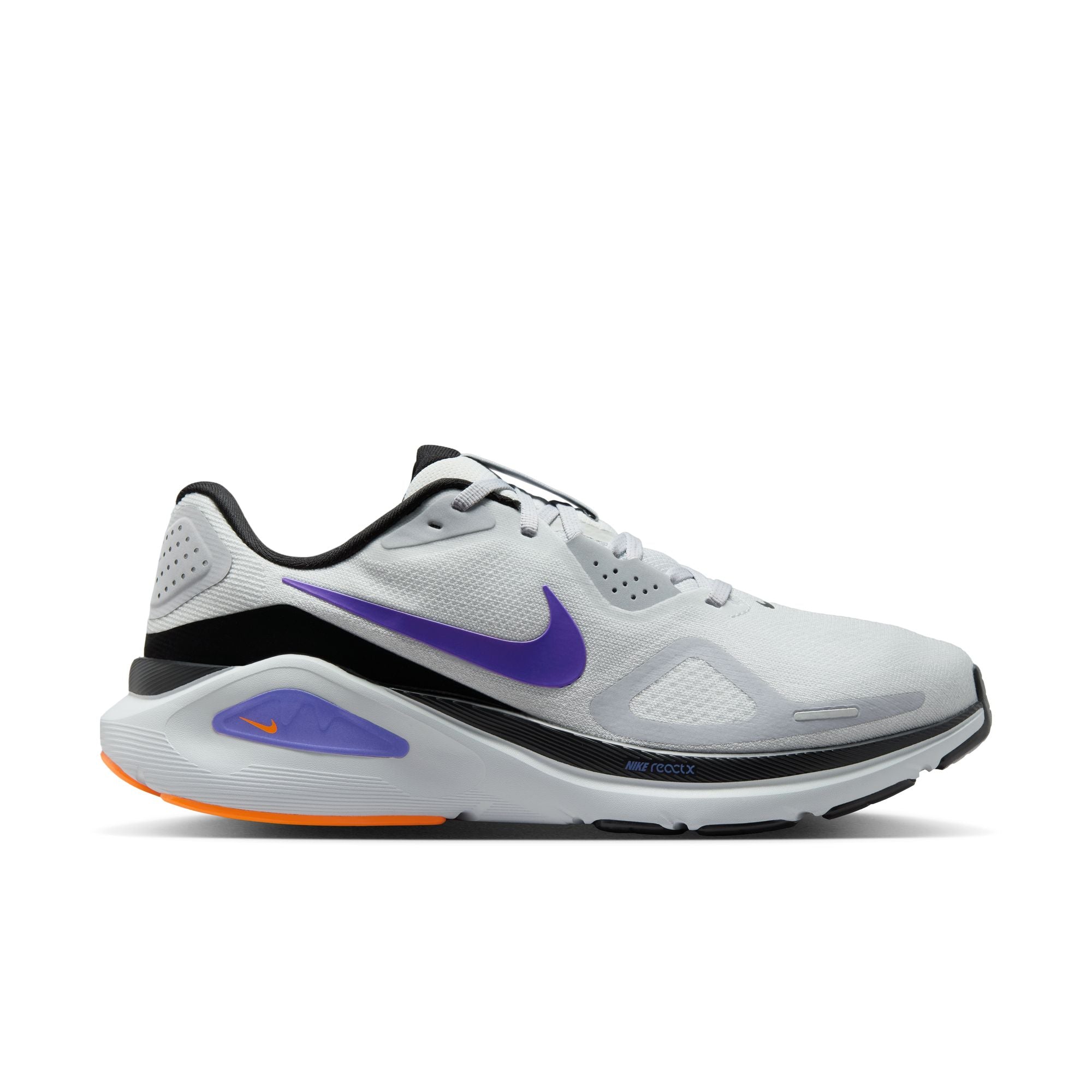 White running shoe with purple swoosh logo on a white background