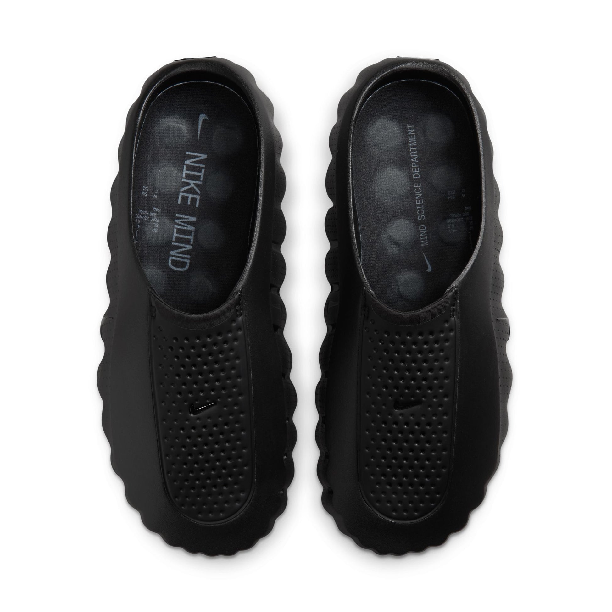 Black Nike shoes with textured sole on a white background