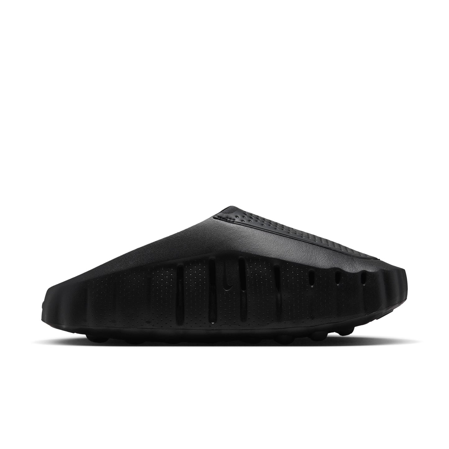A single black slide sandal shown from a side profile view against a clean white background.