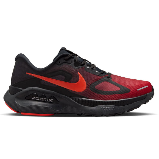 Red and black running shoe with Nike logo on a white background