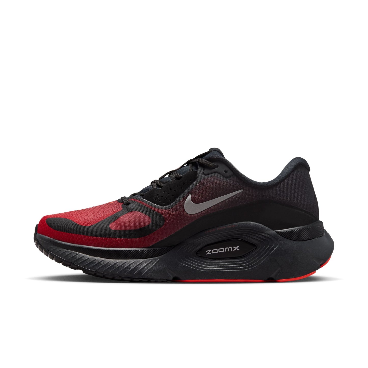 Black and red running shoe with Nike logo on a white background