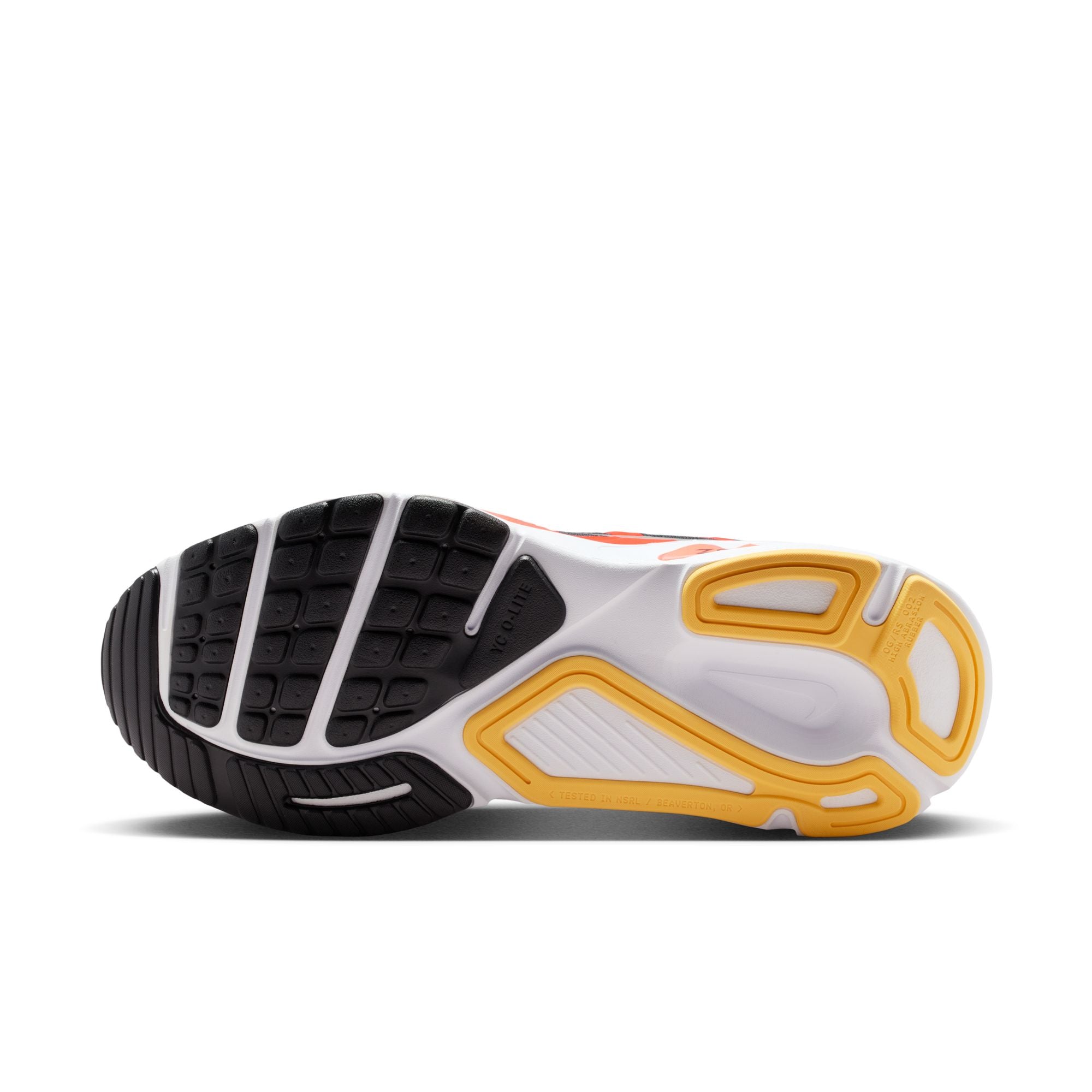 Sole of a sports shoe with black, white, and yellow design on a white background