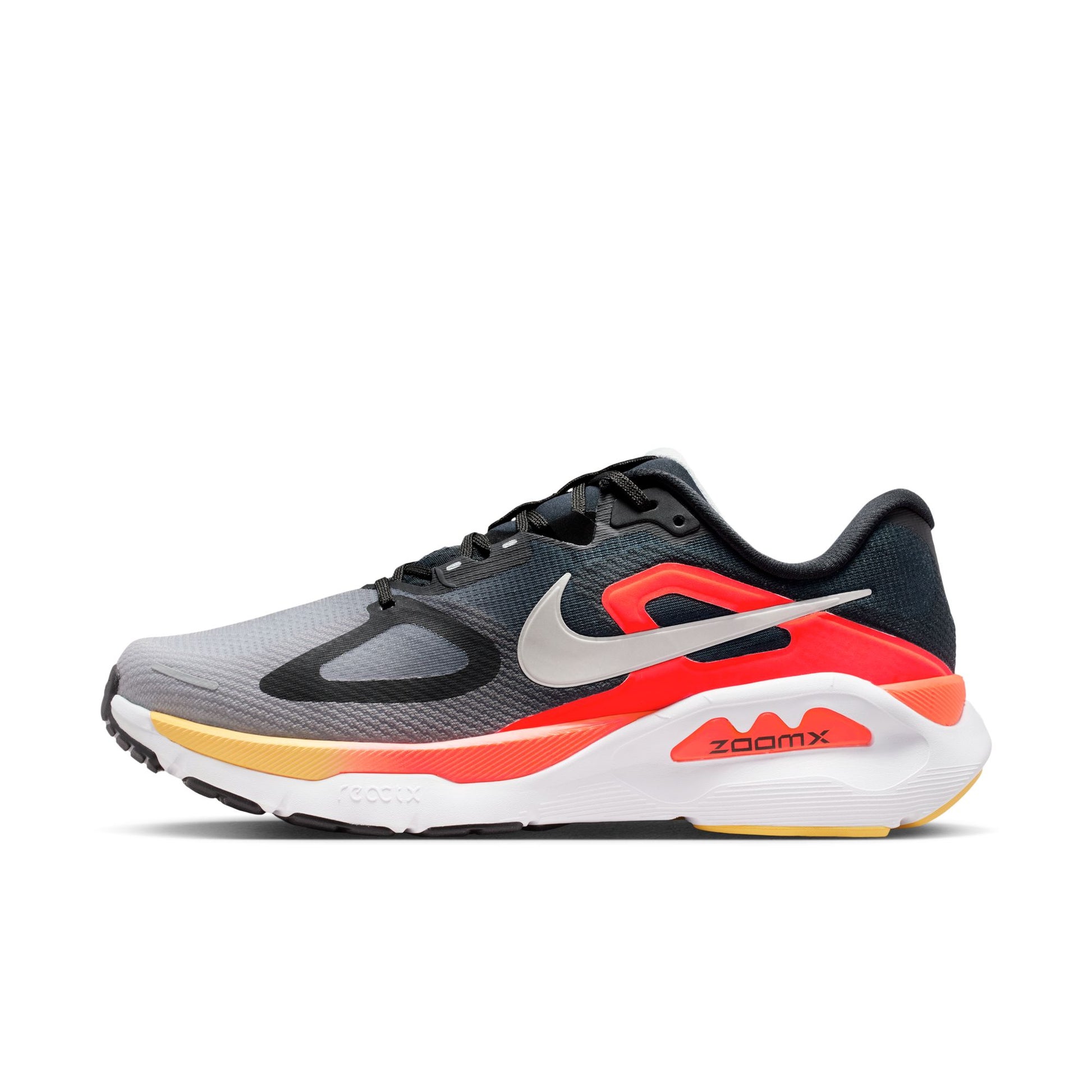 Gray and black running shoe with red accents on a white background