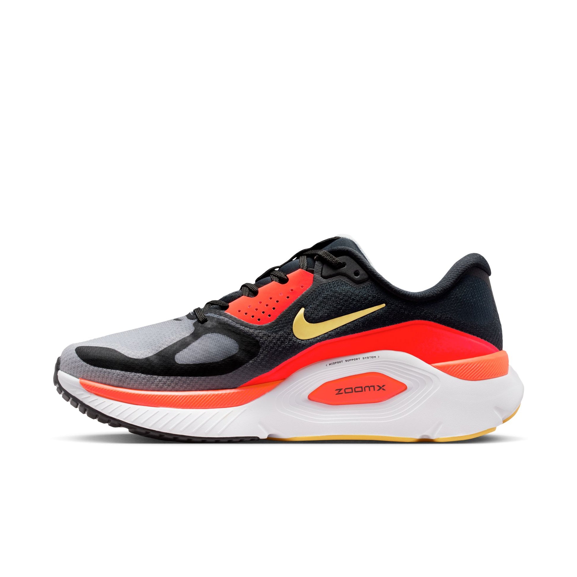 Black, red, and gray running shoe with Nike logo on a white background