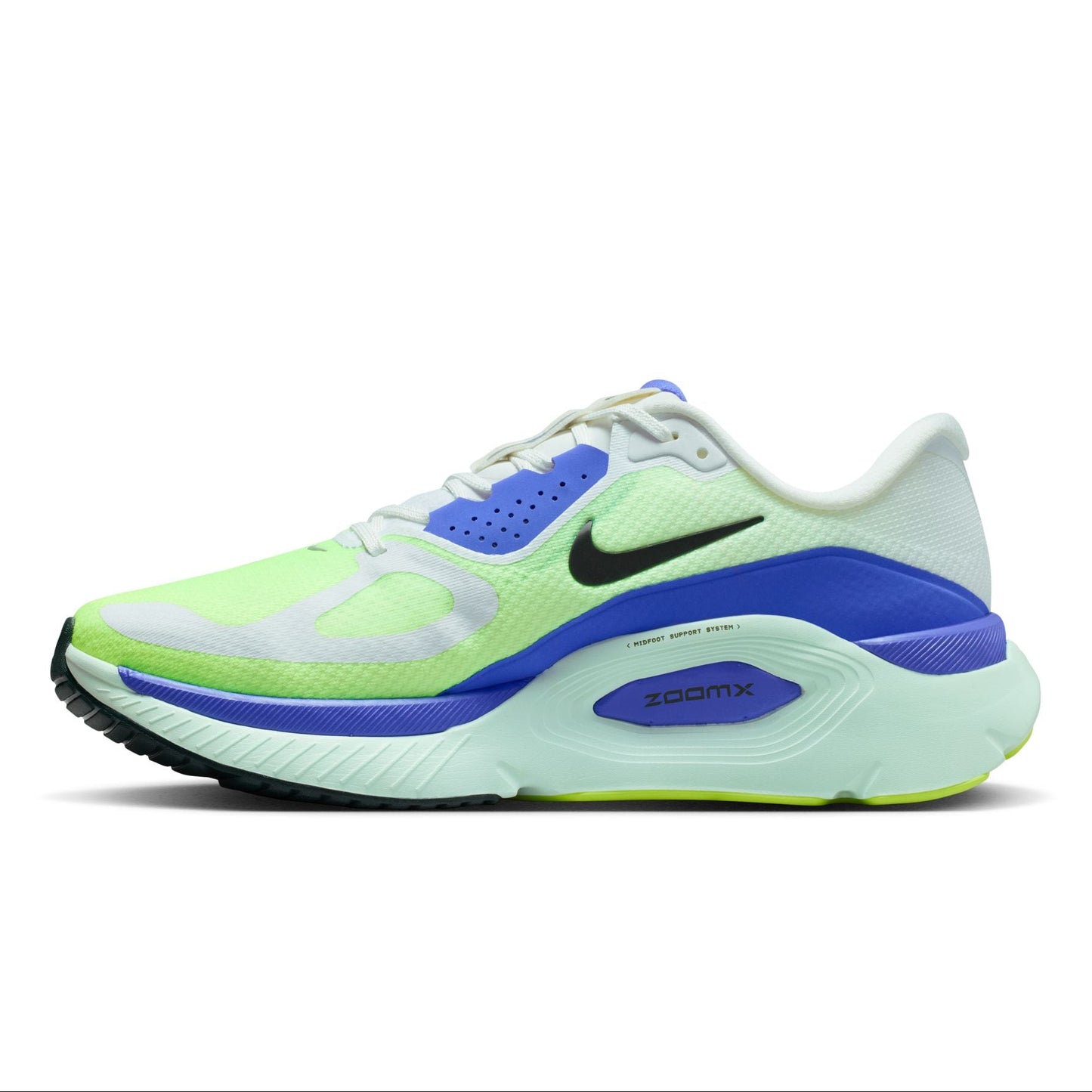 Green and blue running shoe with Nike logo on a white background