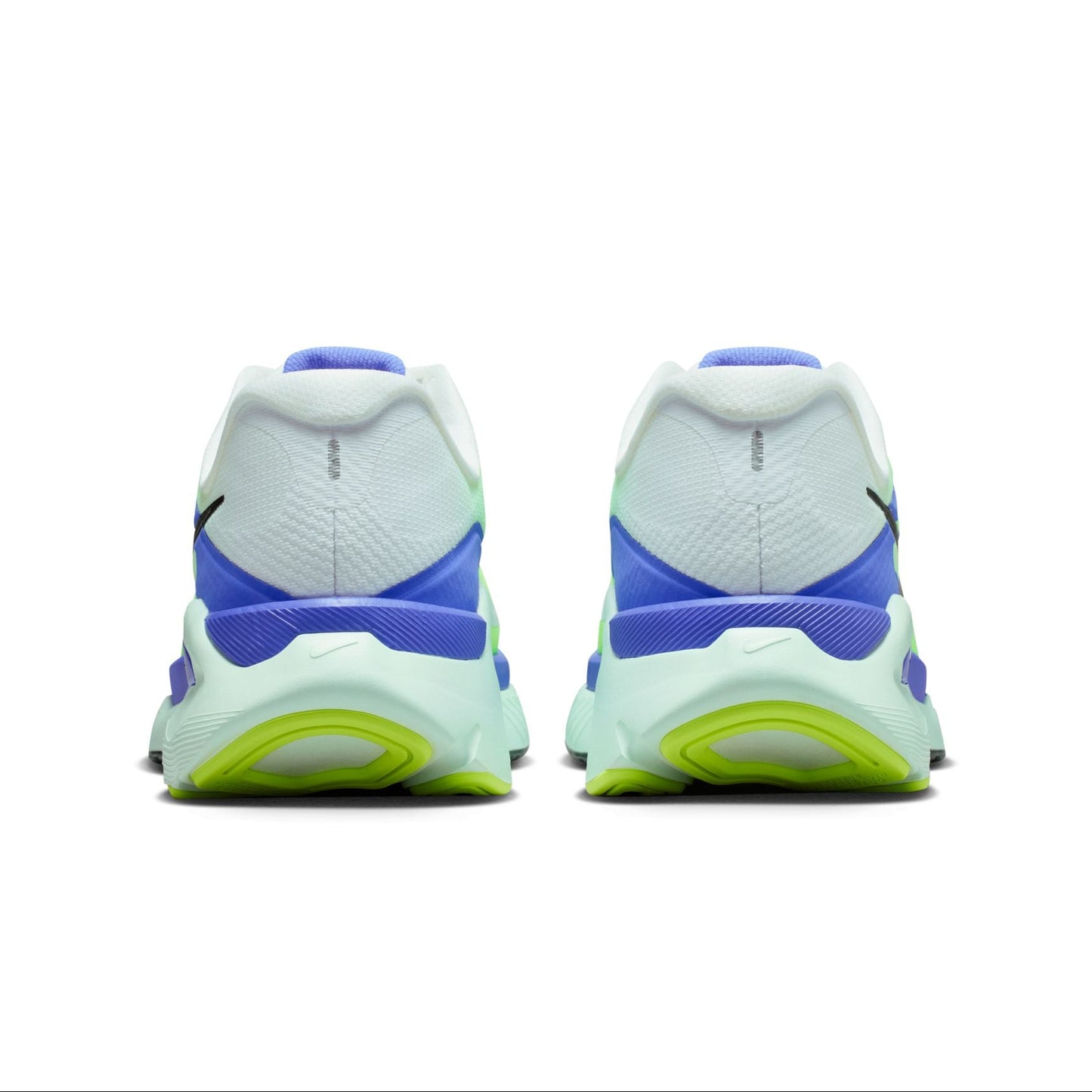 White running shoes with blue and green accents on a white background