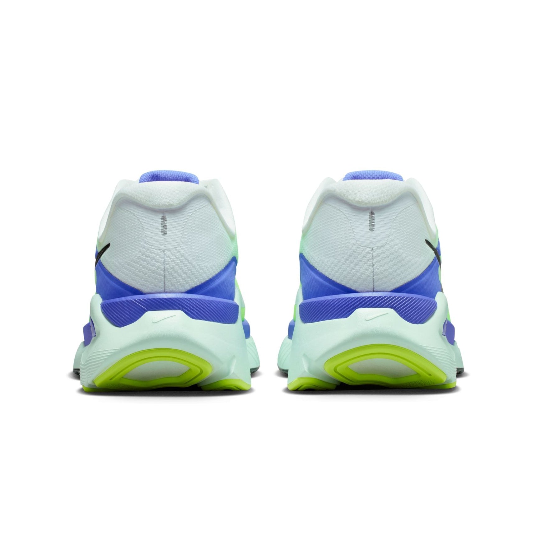 White running shoes with blue and green accents on a white background