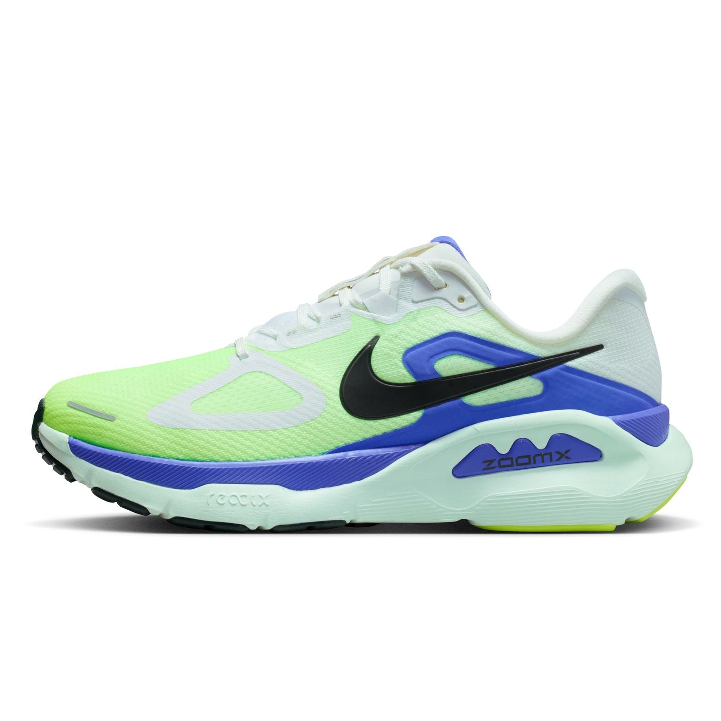 Green and blue running shoe with Nike logo on a white background