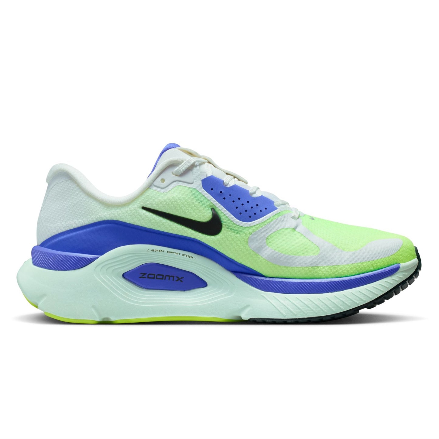 Green and blue running shoe with Nike logo on a white background