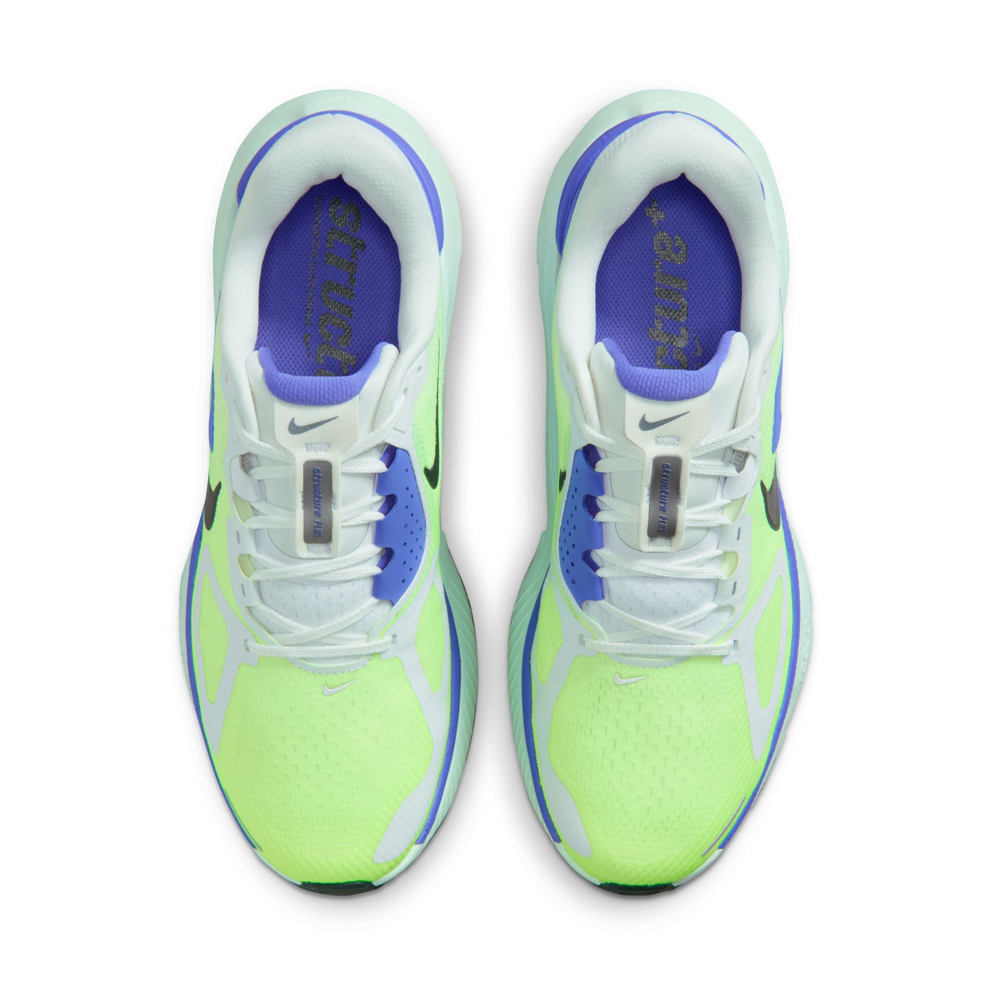 Pair of neon green and white running shoes with purple accents on a white background