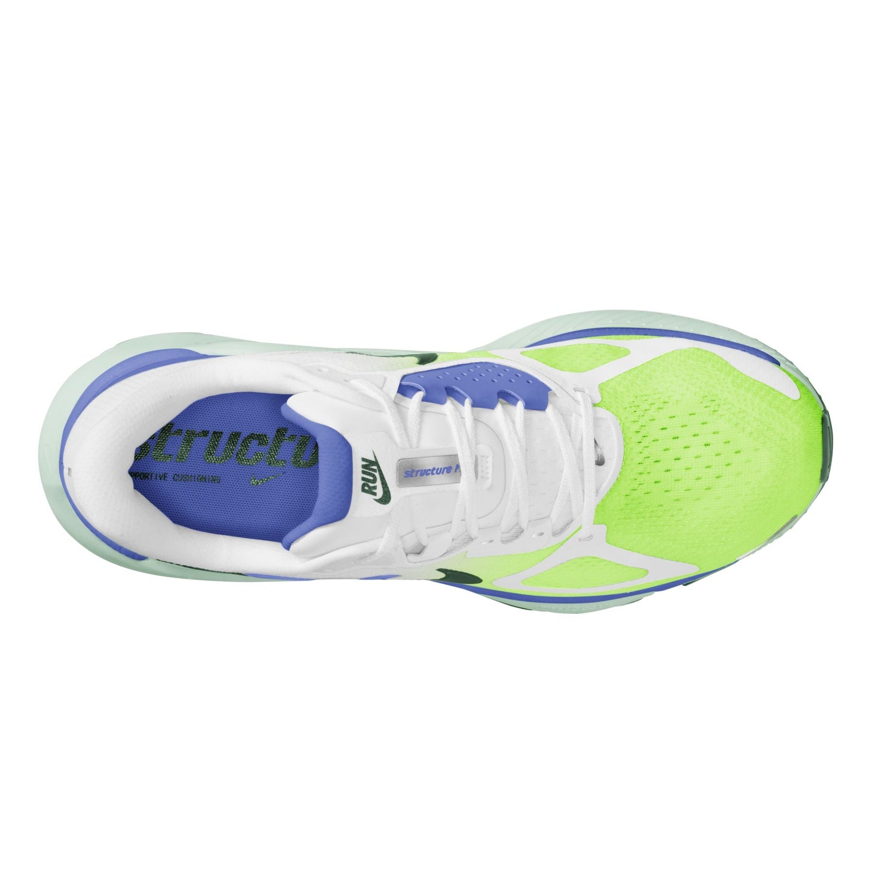 Green and white sneaker with blue accents on a white background
