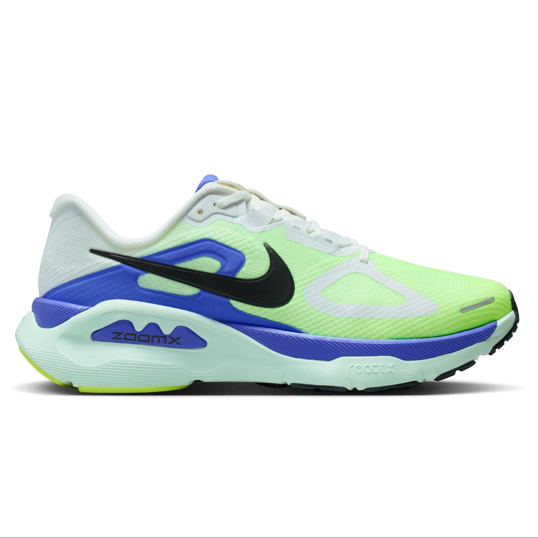Green and blue running shoe with Nike logo on a white background