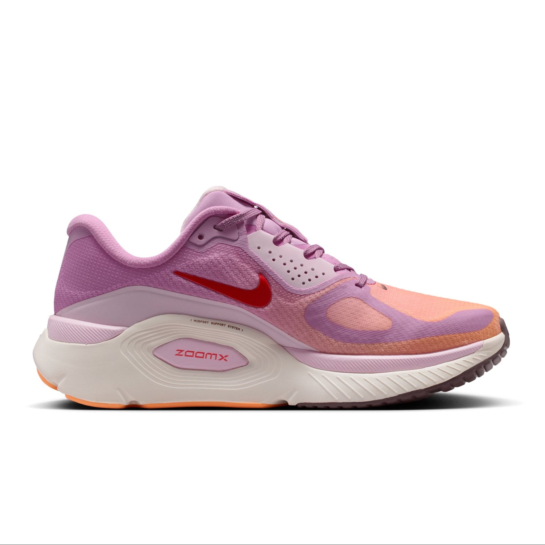 Pink and orange running shoe with Nike logo on a white background