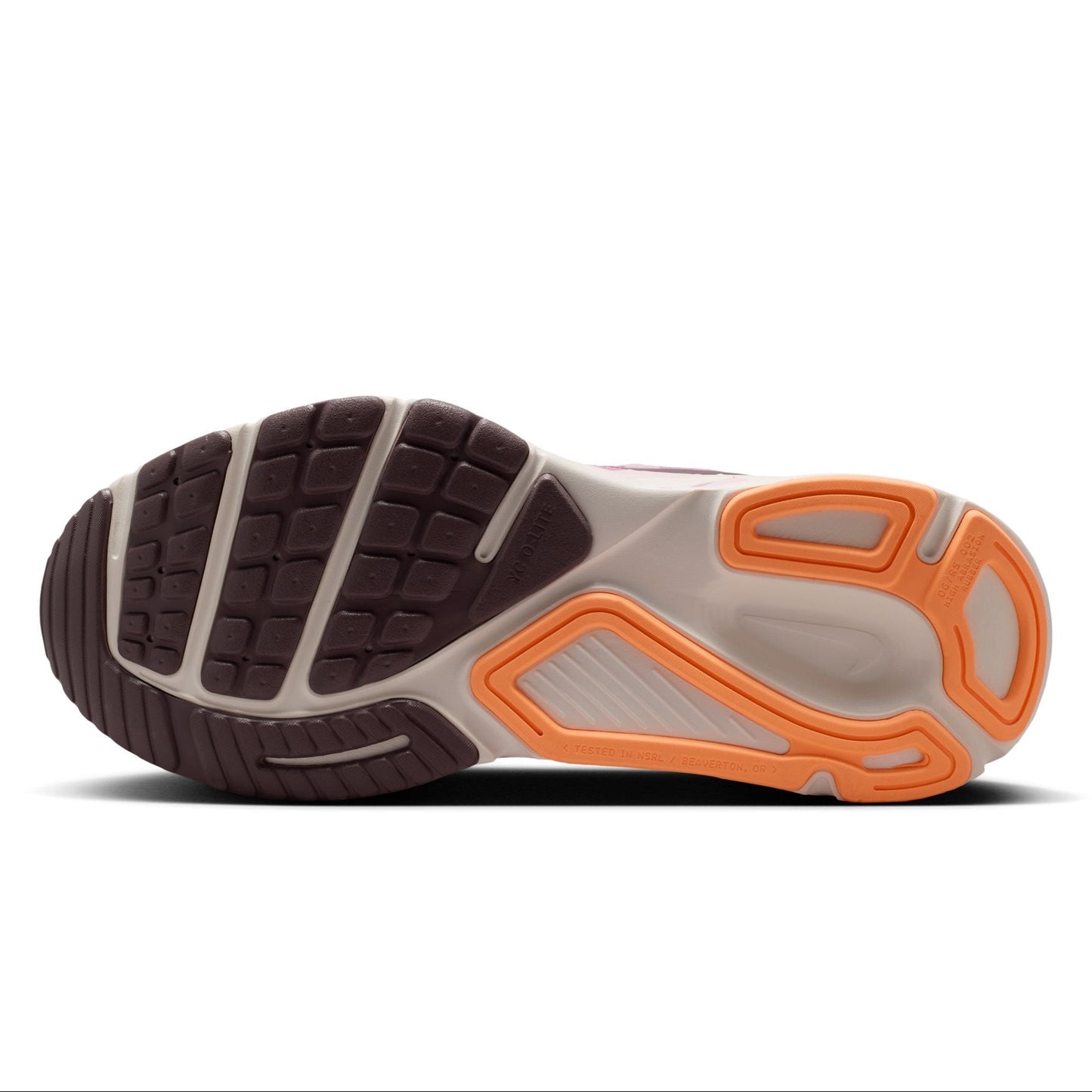 Close-up of a shoe sole with orange and brown design on a white background