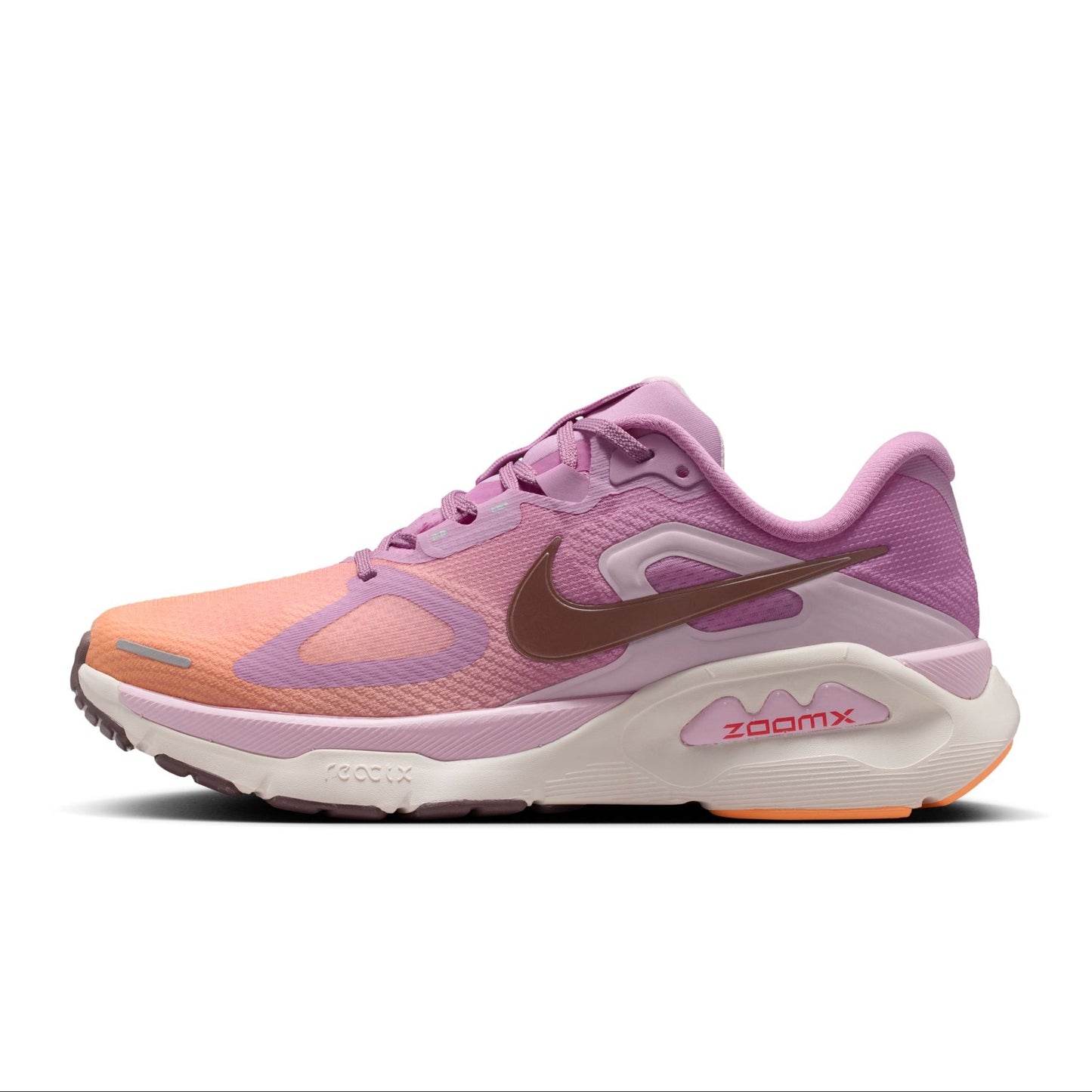 Pink and orange running shoe with Nike logo on a white background