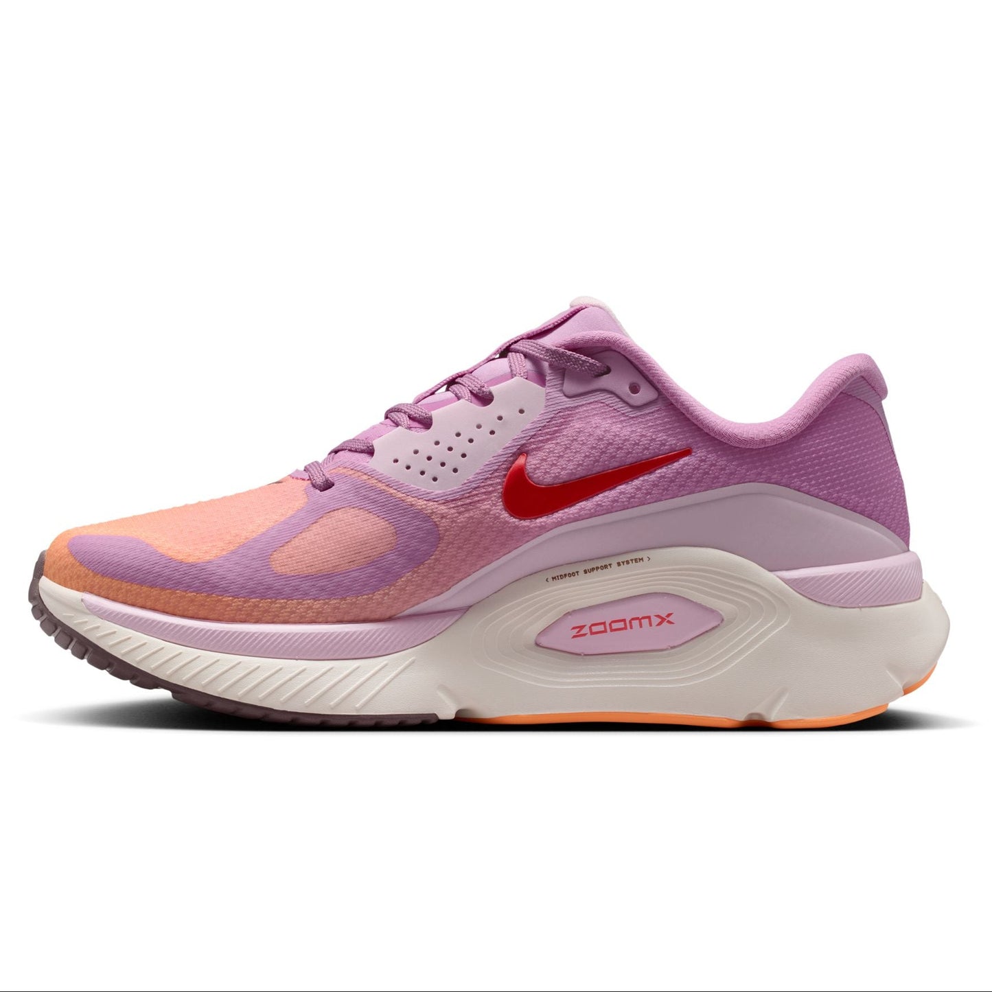 Pink and orange running shoe with Nike logo on a white background
