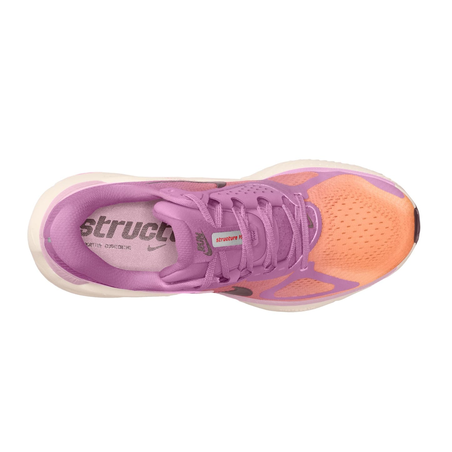 Pink and orange running shoe with 'struck' branding on a white background