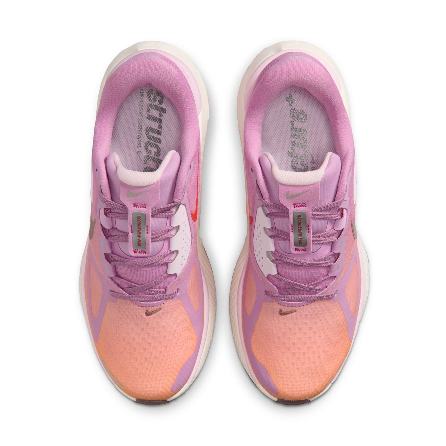 Pink and orange running shoes with visible brand logo on a white background