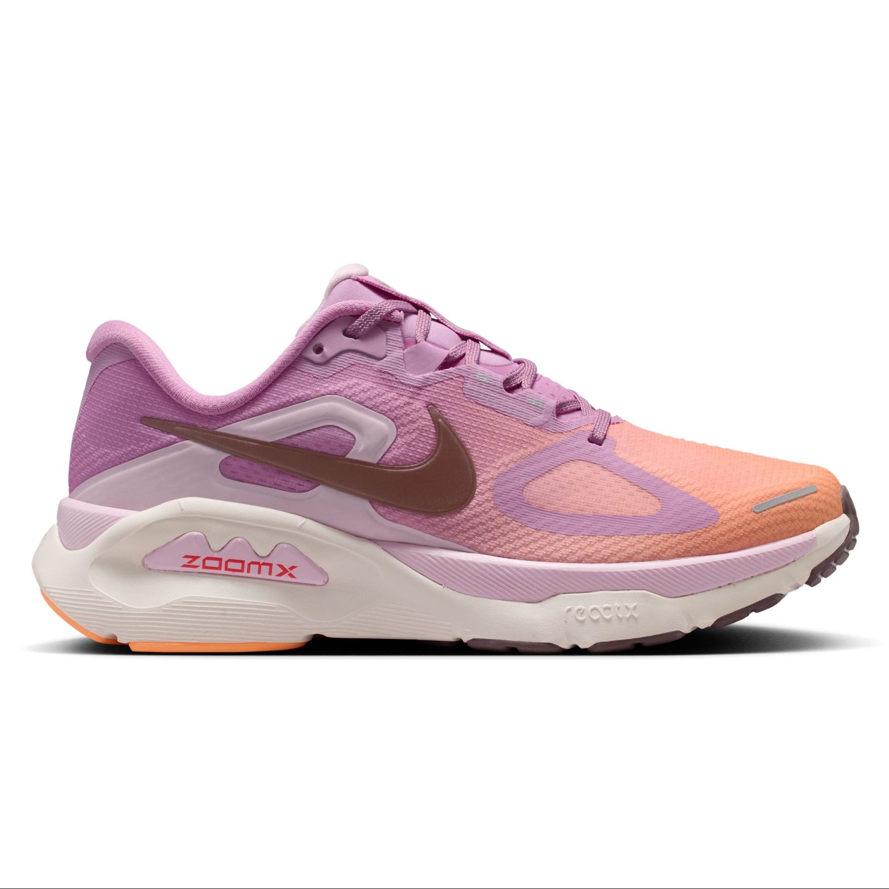 Pink and orange running shoe with Nike logo on a white background