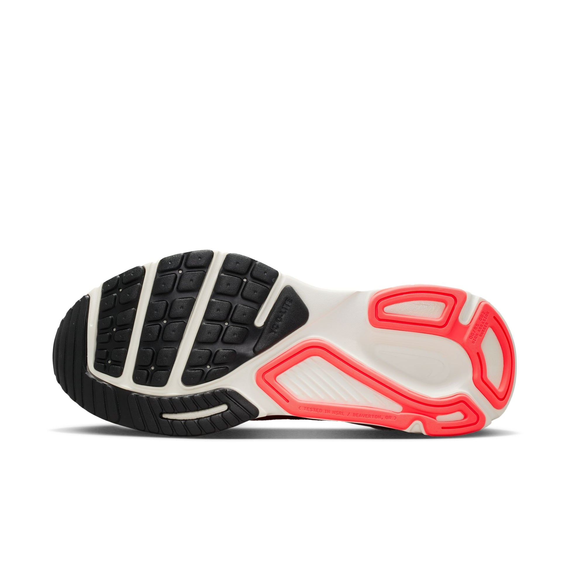 Side view of a sports shoe with black sole and red and white sole