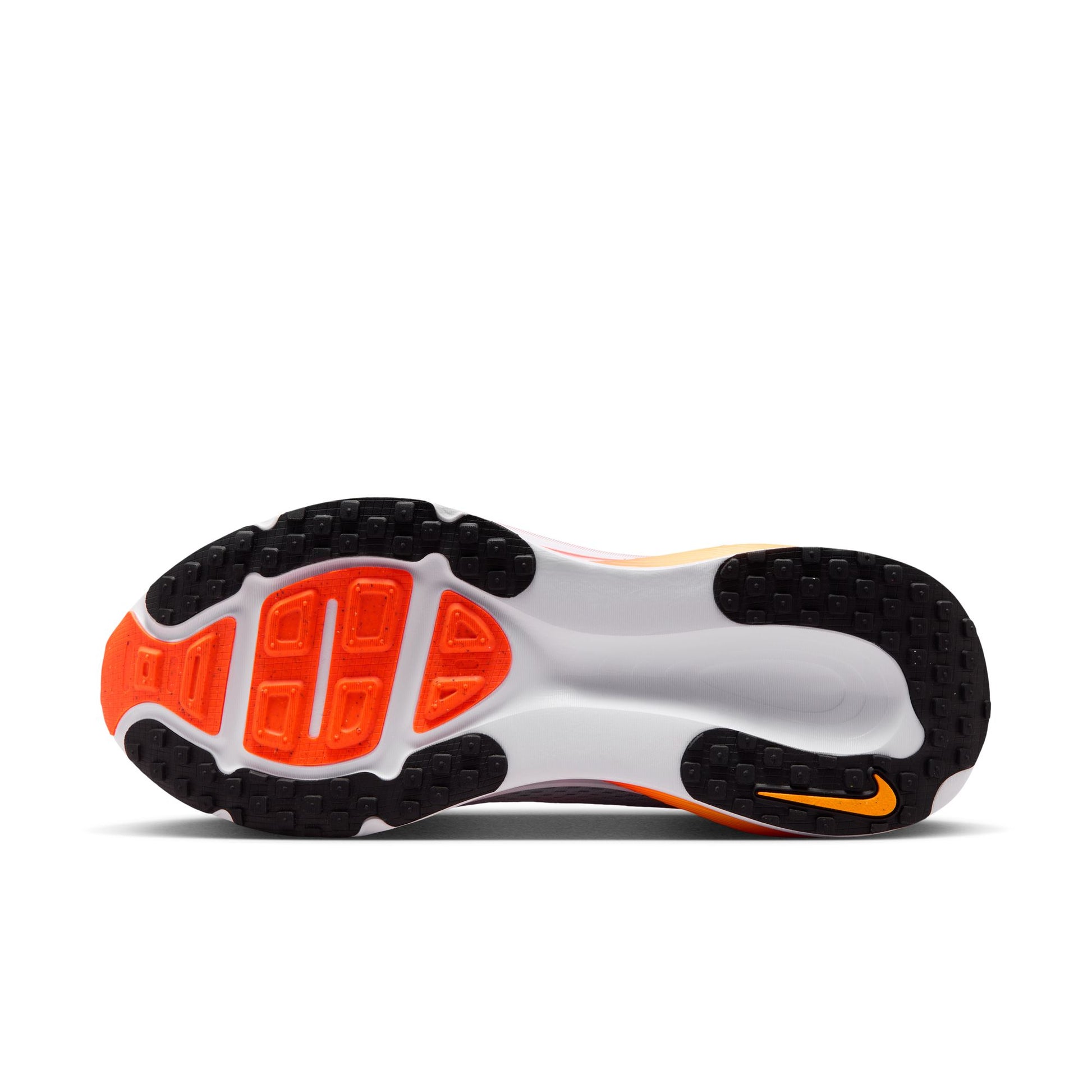 Close-up of a shoe sole with orange and black design on a white background
