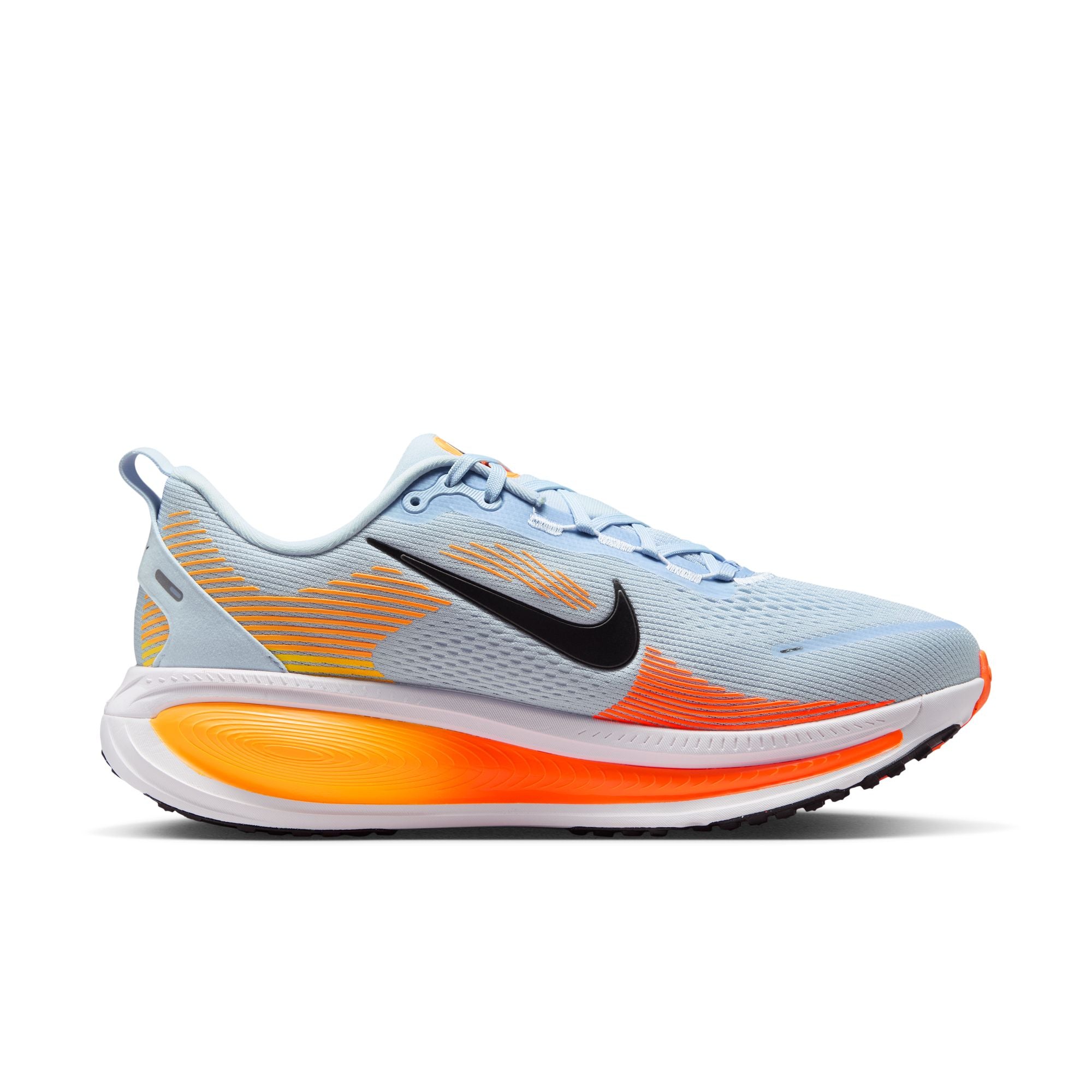 Light blue running shoe with orange sole and black Nike logo on a white background