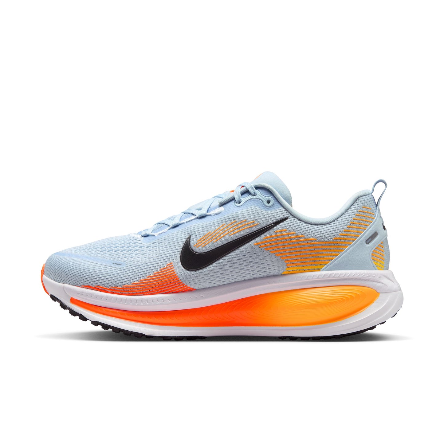 Light blue running shoe with orange sole and black swoosh logo on a white background