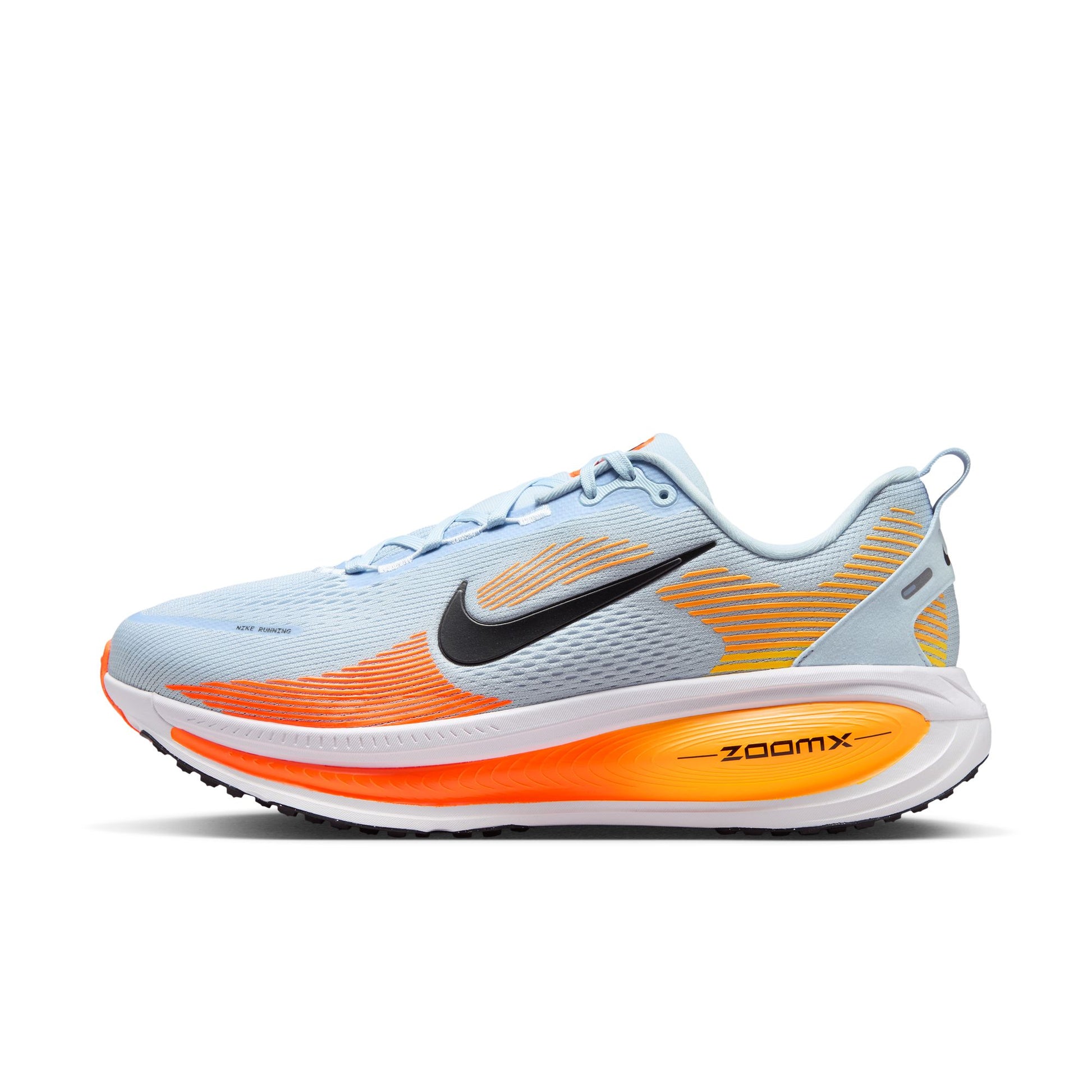 Light blue and orange running shoe with Nike logo on a white background