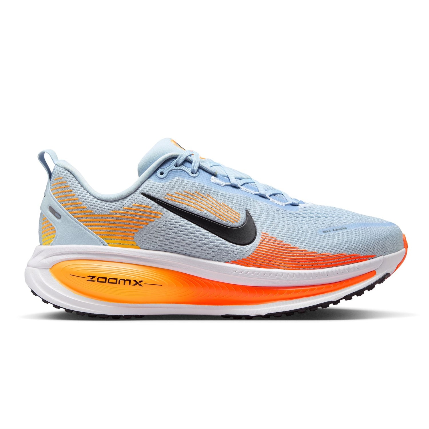 Blue running shoe with orange sole on a white background