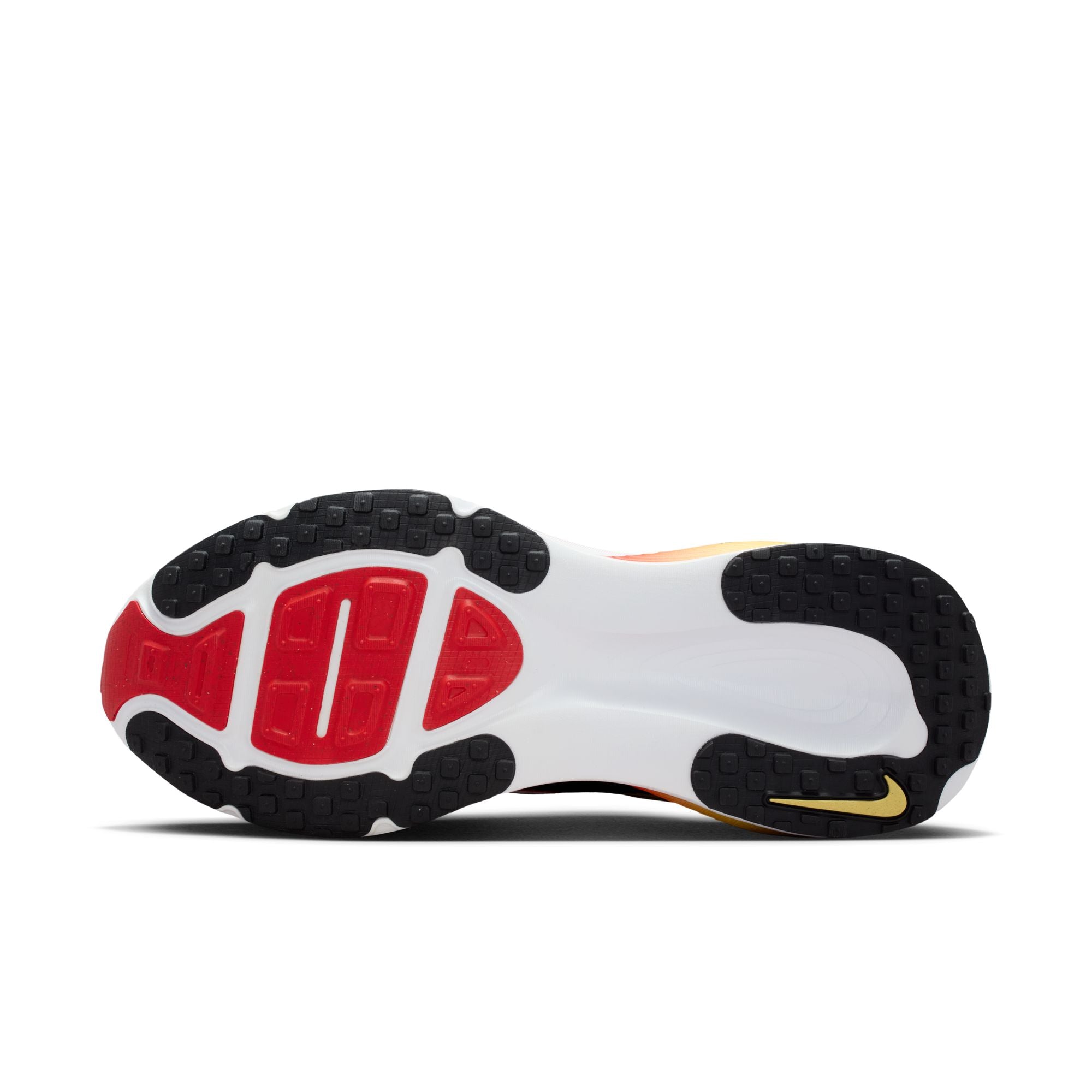 Sole of a sneaker with red, black, and white design on a white background