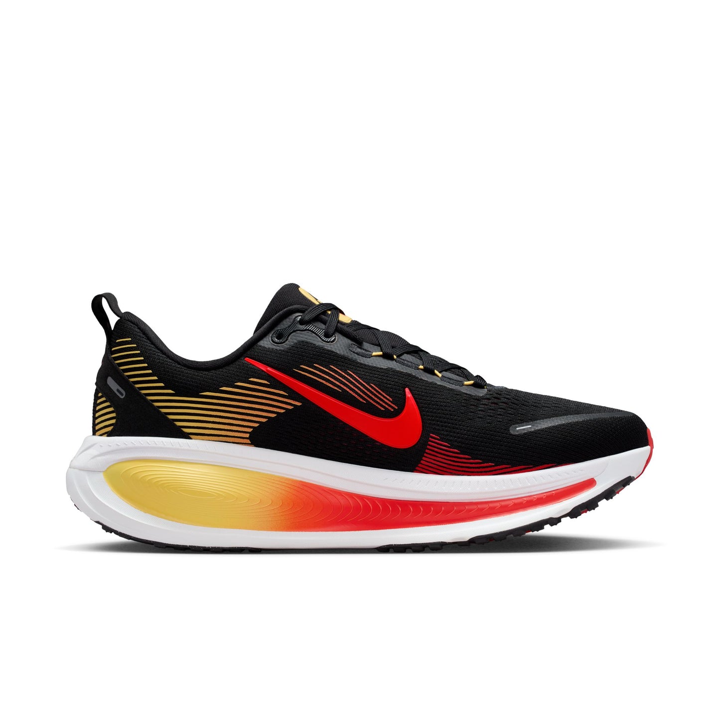 Black running shoe with red and yellow accents on a white background