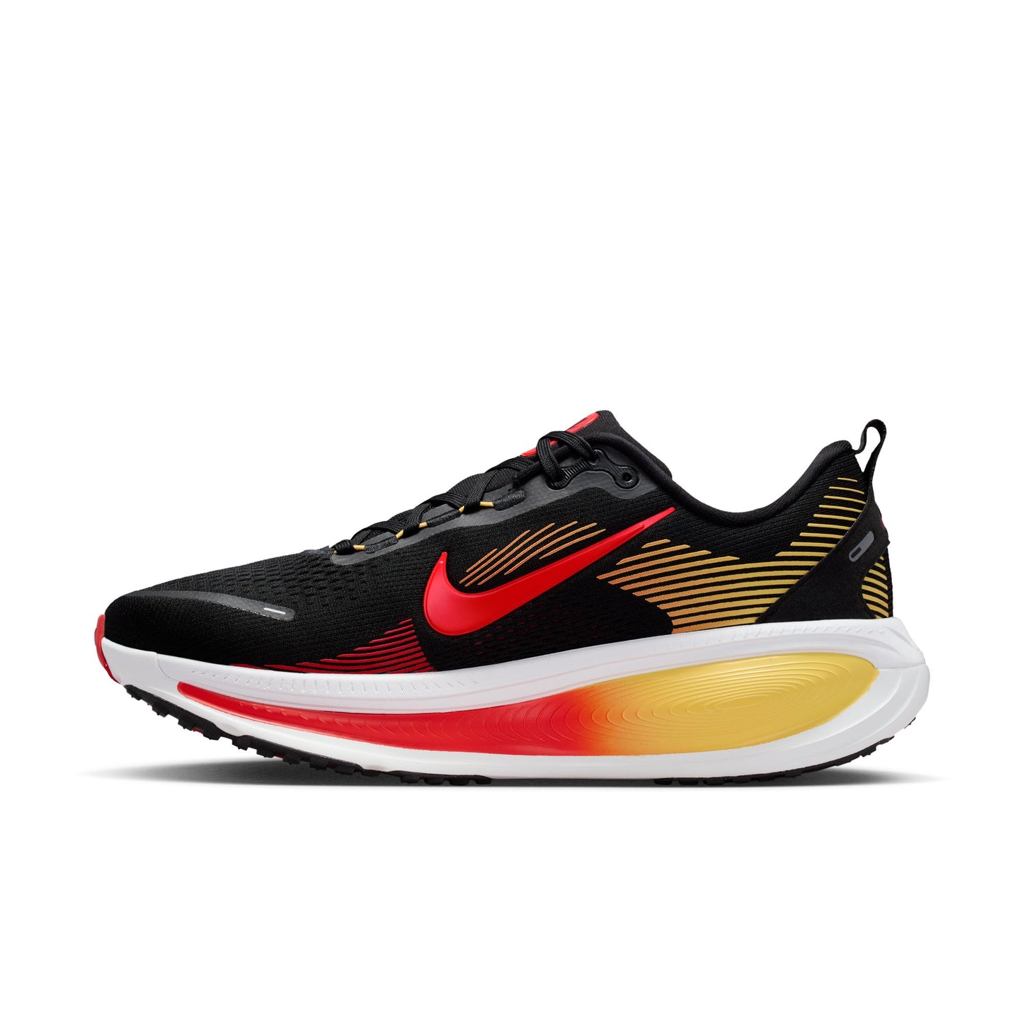 Black running shoe with red and yellow accents on a white background